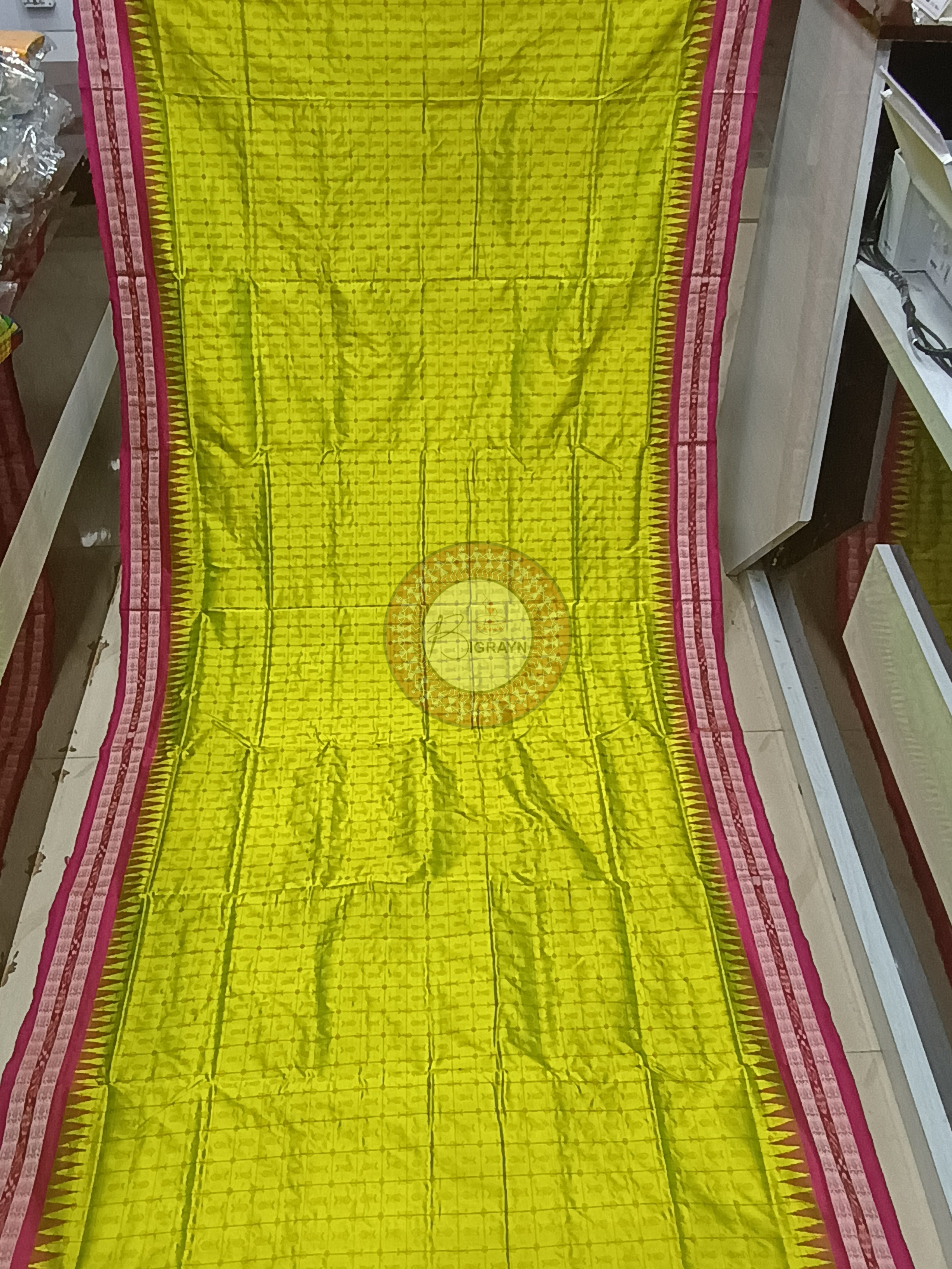 Neon Green Magenta Hazar Buti Bomkai Silk Saree