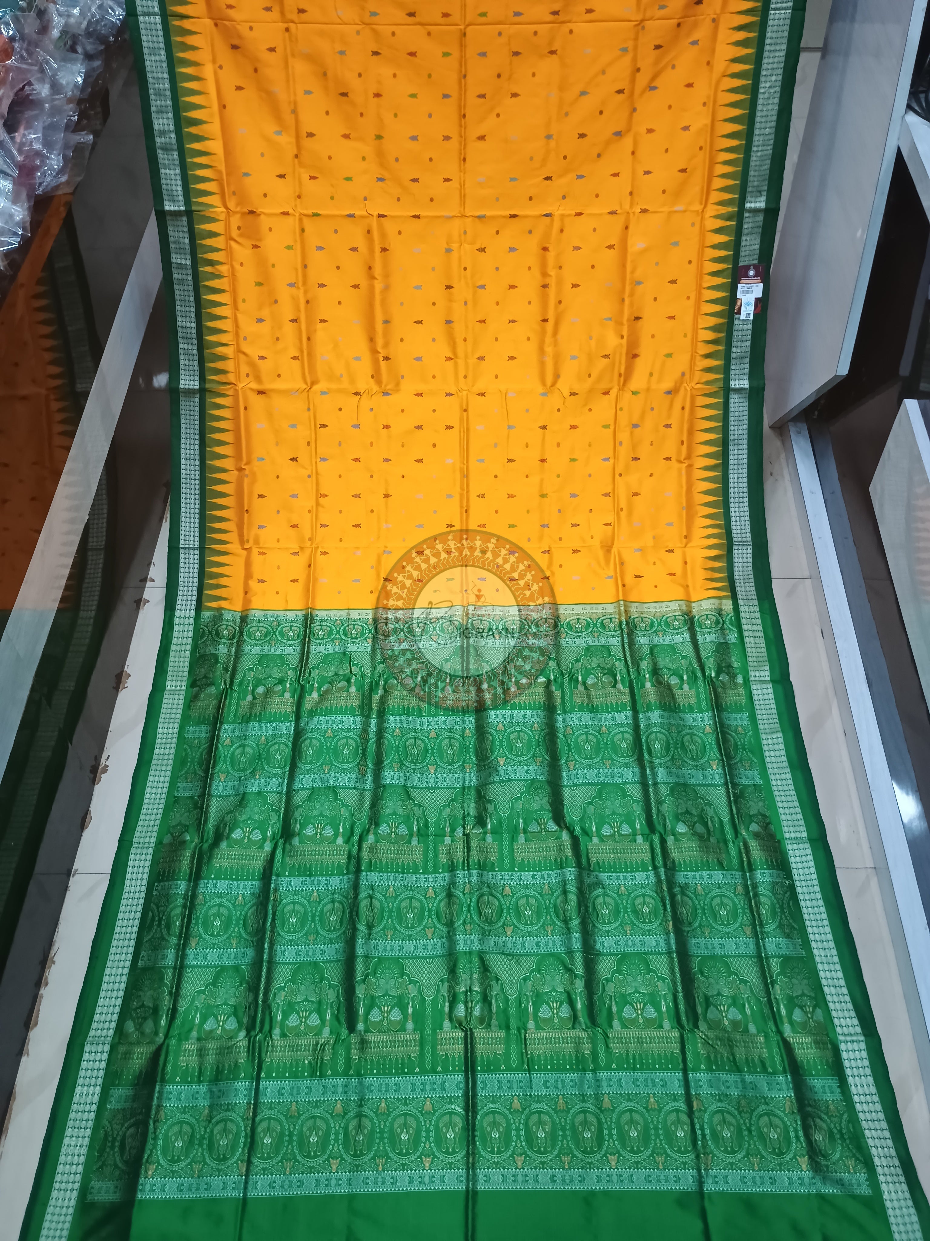 Yellow Green Fish Buti Bomkai Silk Saree