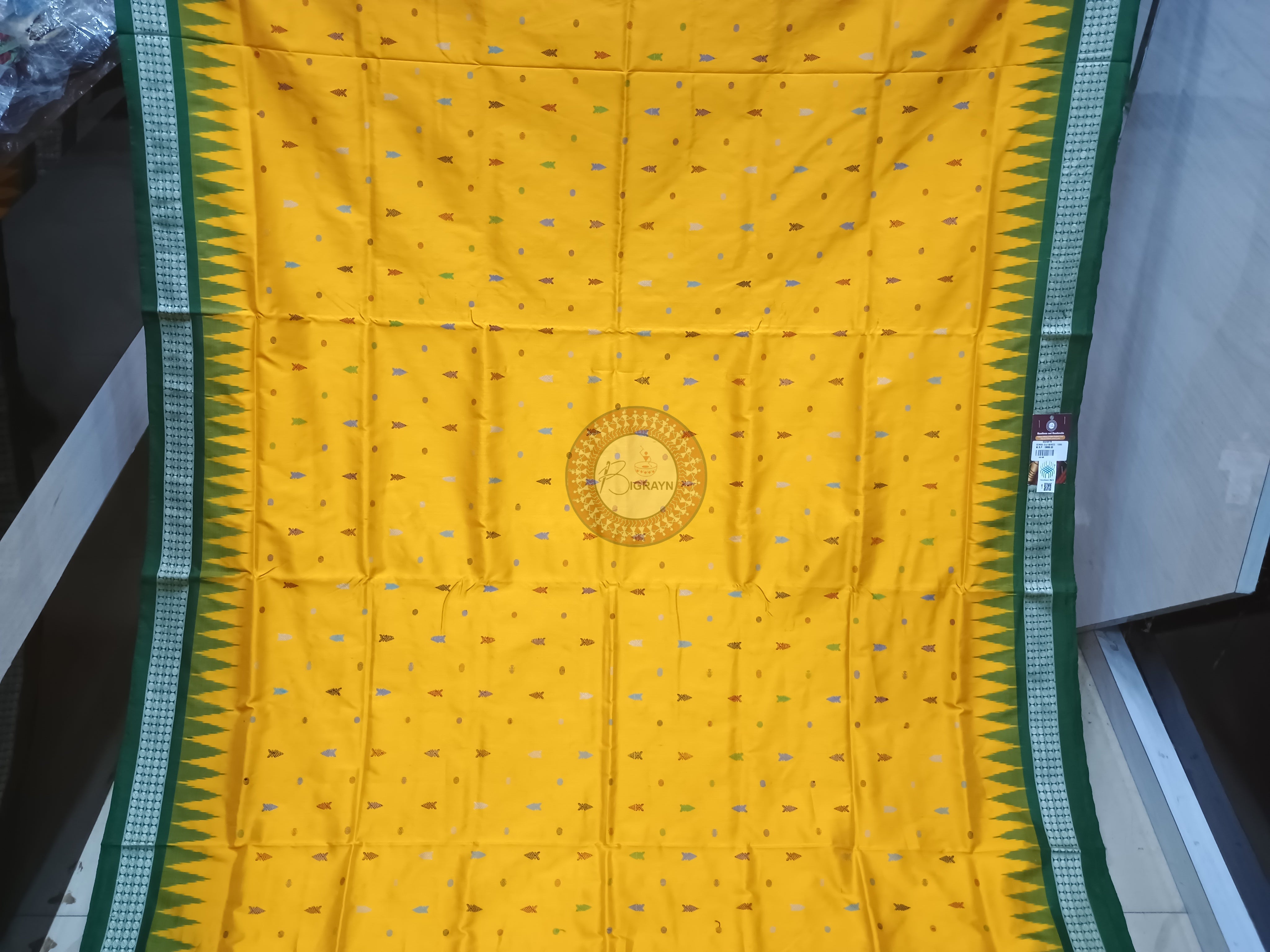 Yellow Green Fish Buti Bomkai Silk Saree