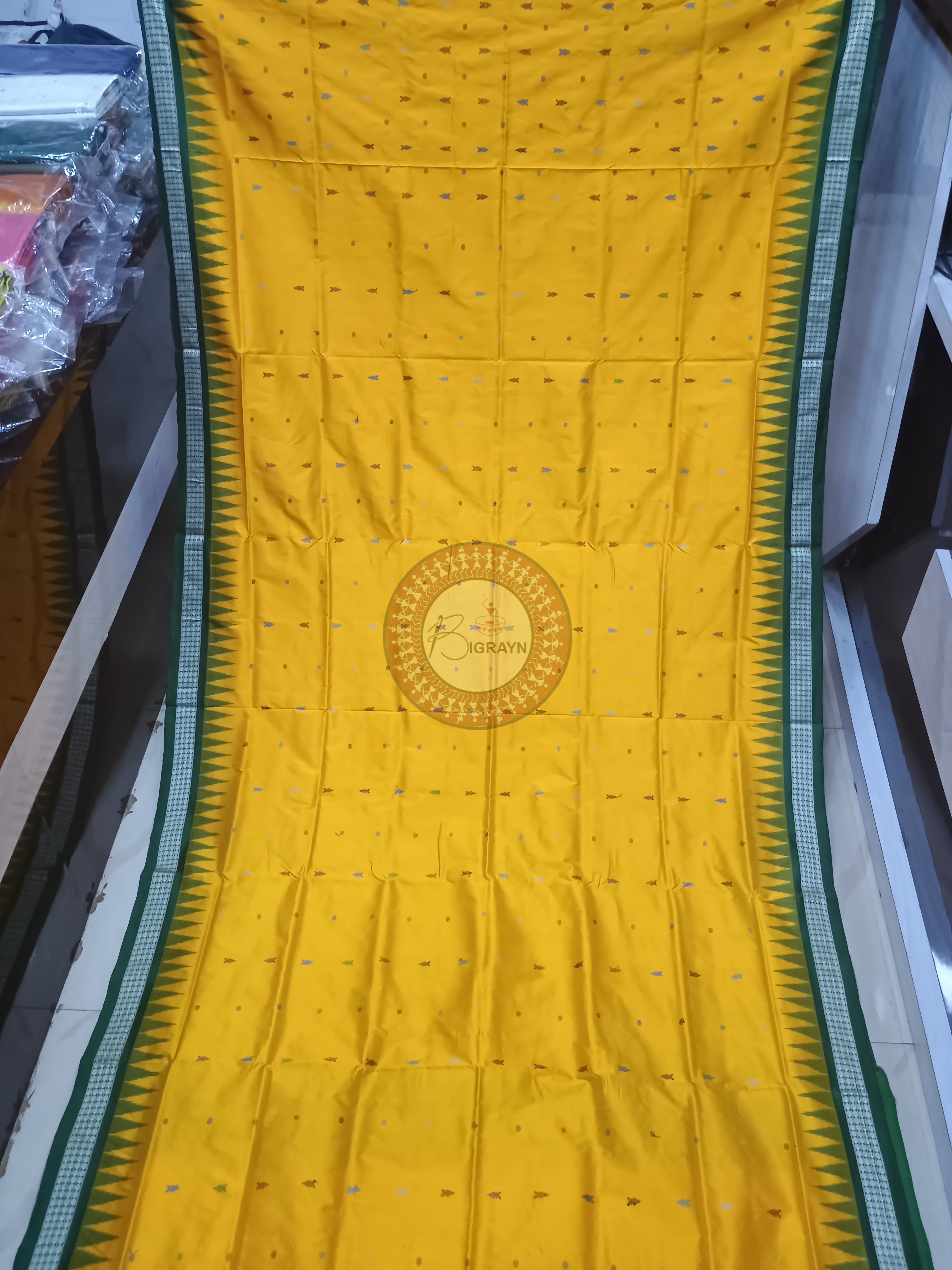 Yellow Green Fish Buti Bomkai Silk Saree