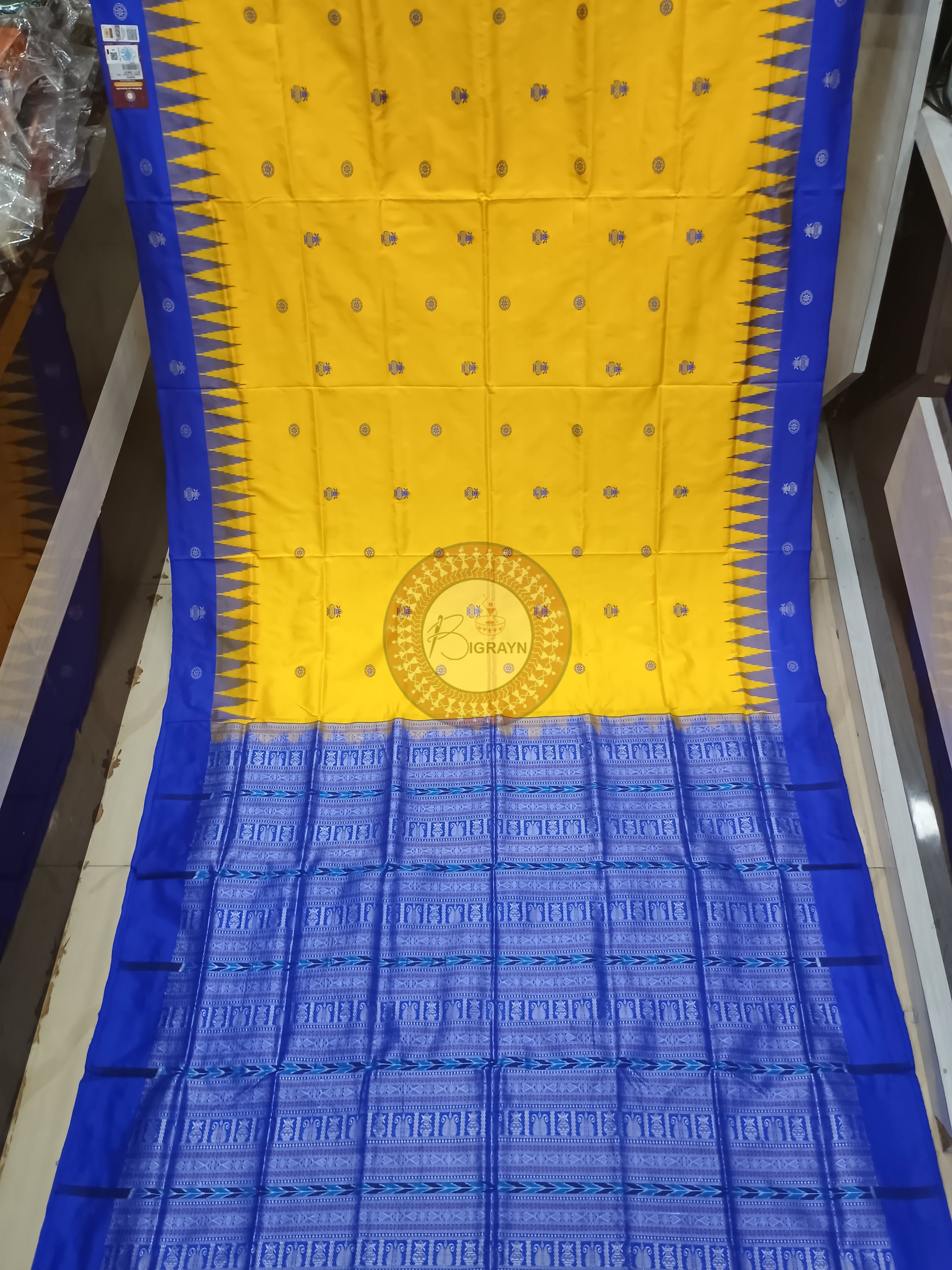 Yellow Blue Kalashi Plan Border Bomkai Silk Saree