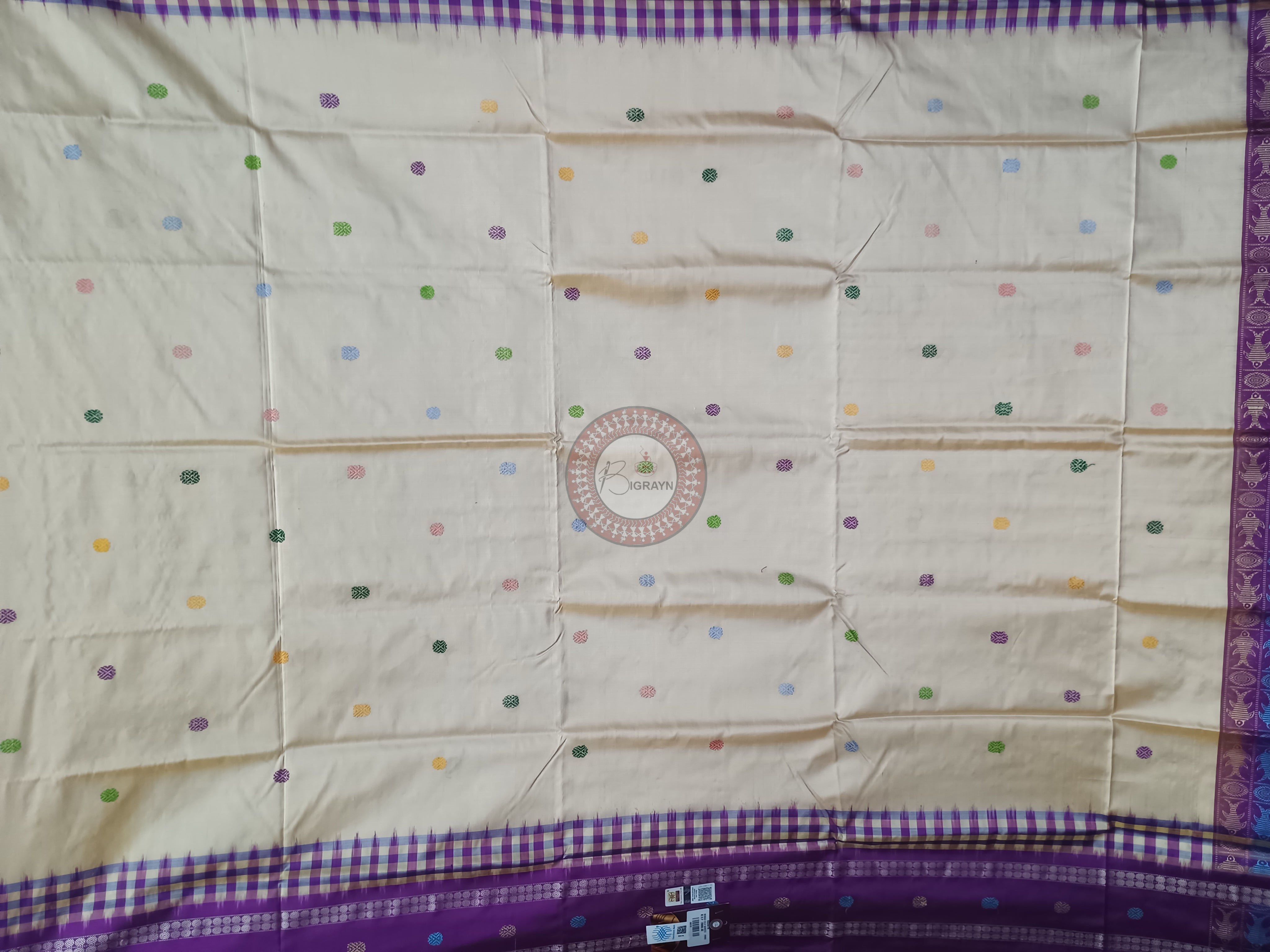 Off White Purple Boita Bomkai Silk Saree