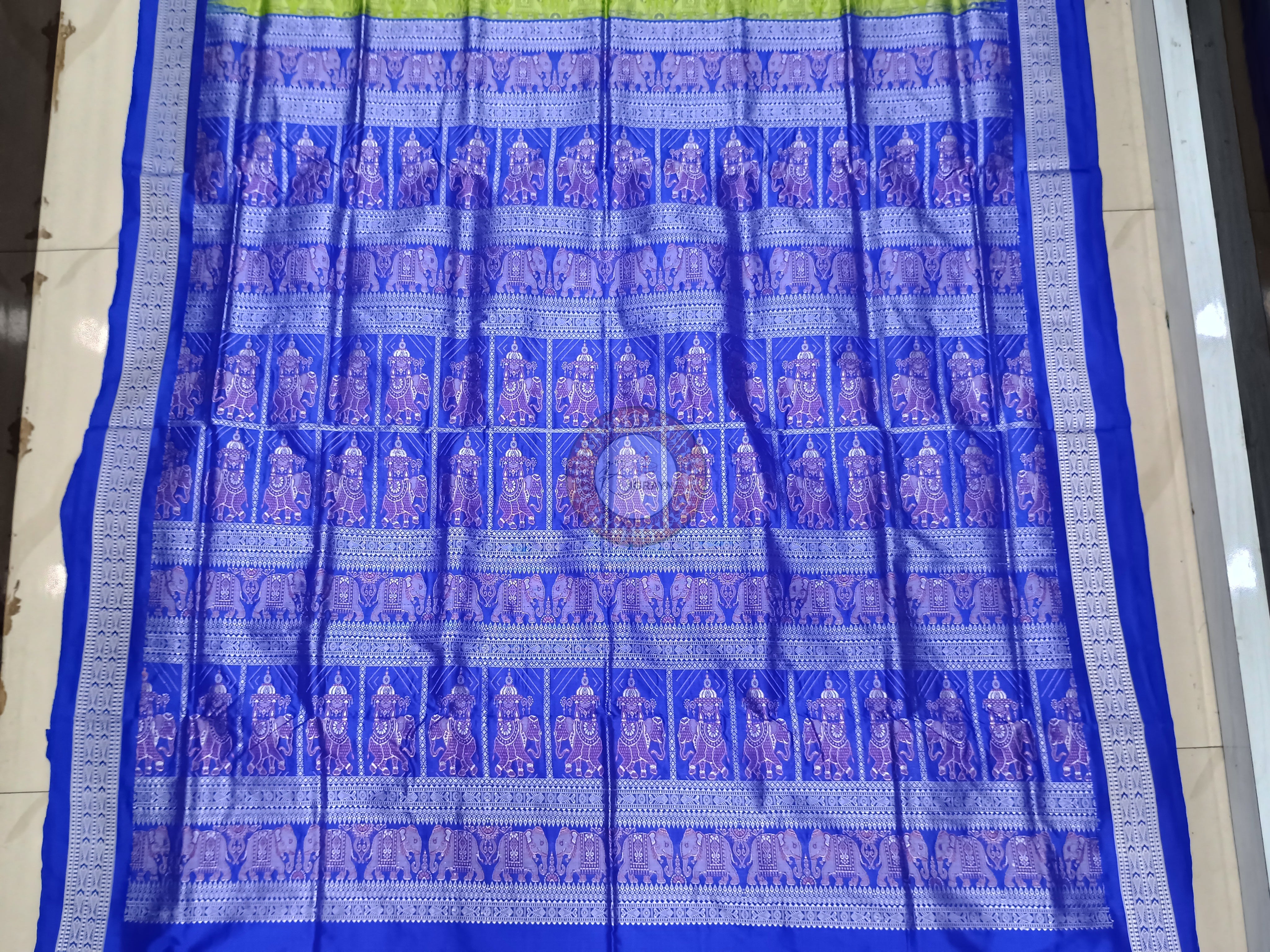 Green Blue Dual Elephant Head Bomkai Silk Saree