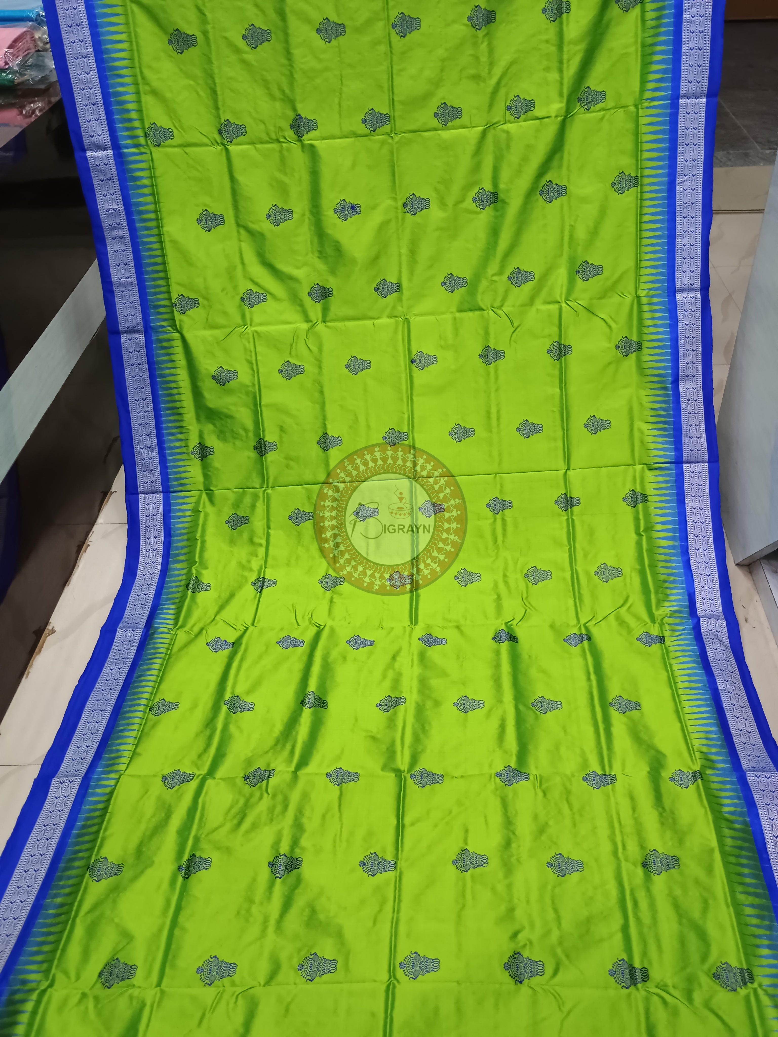 Green Blue Dual Elephant Head Bomkai Silk Saree