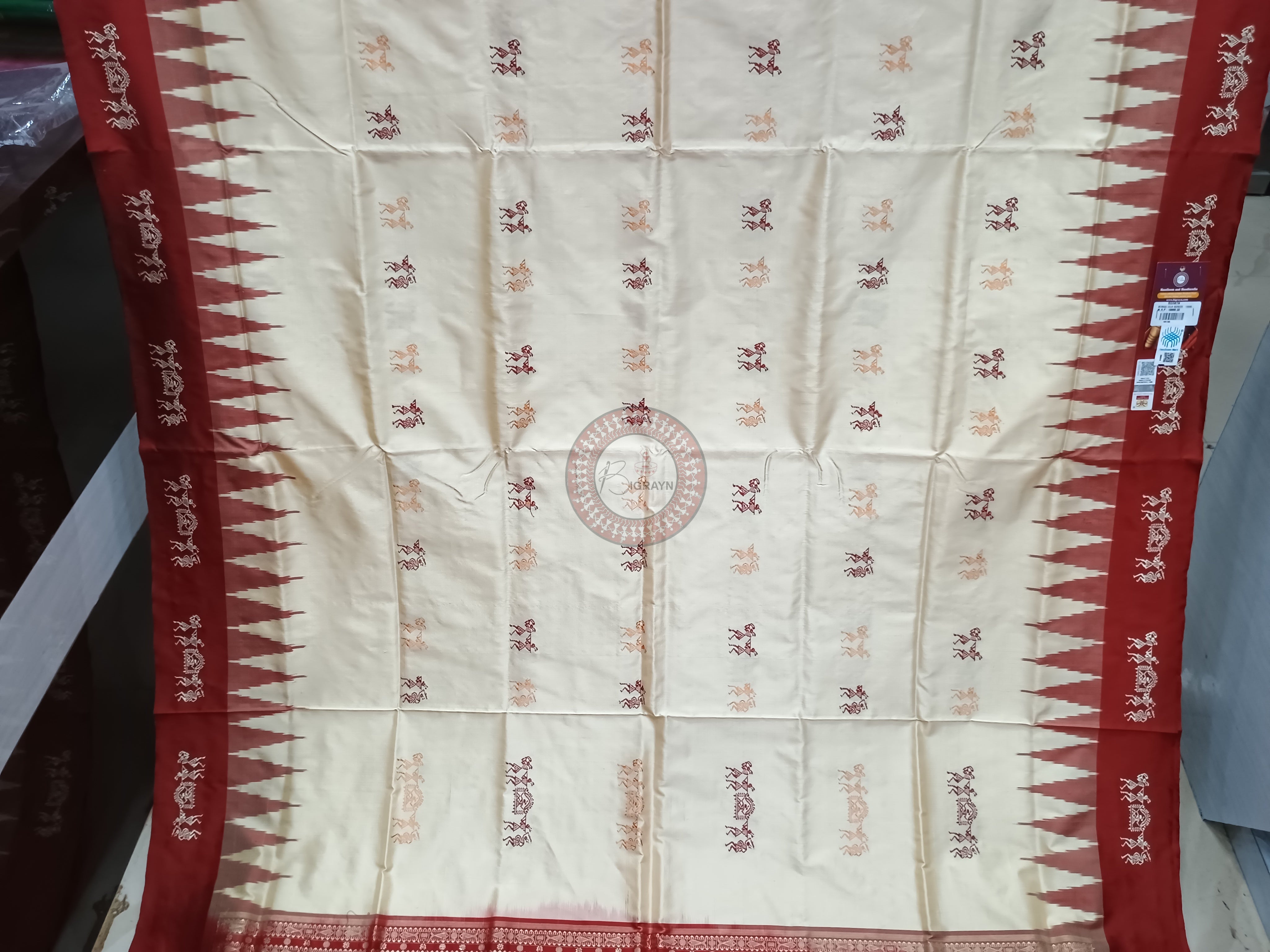 Cream Maroon Tribal Bomkai Silk Saree
