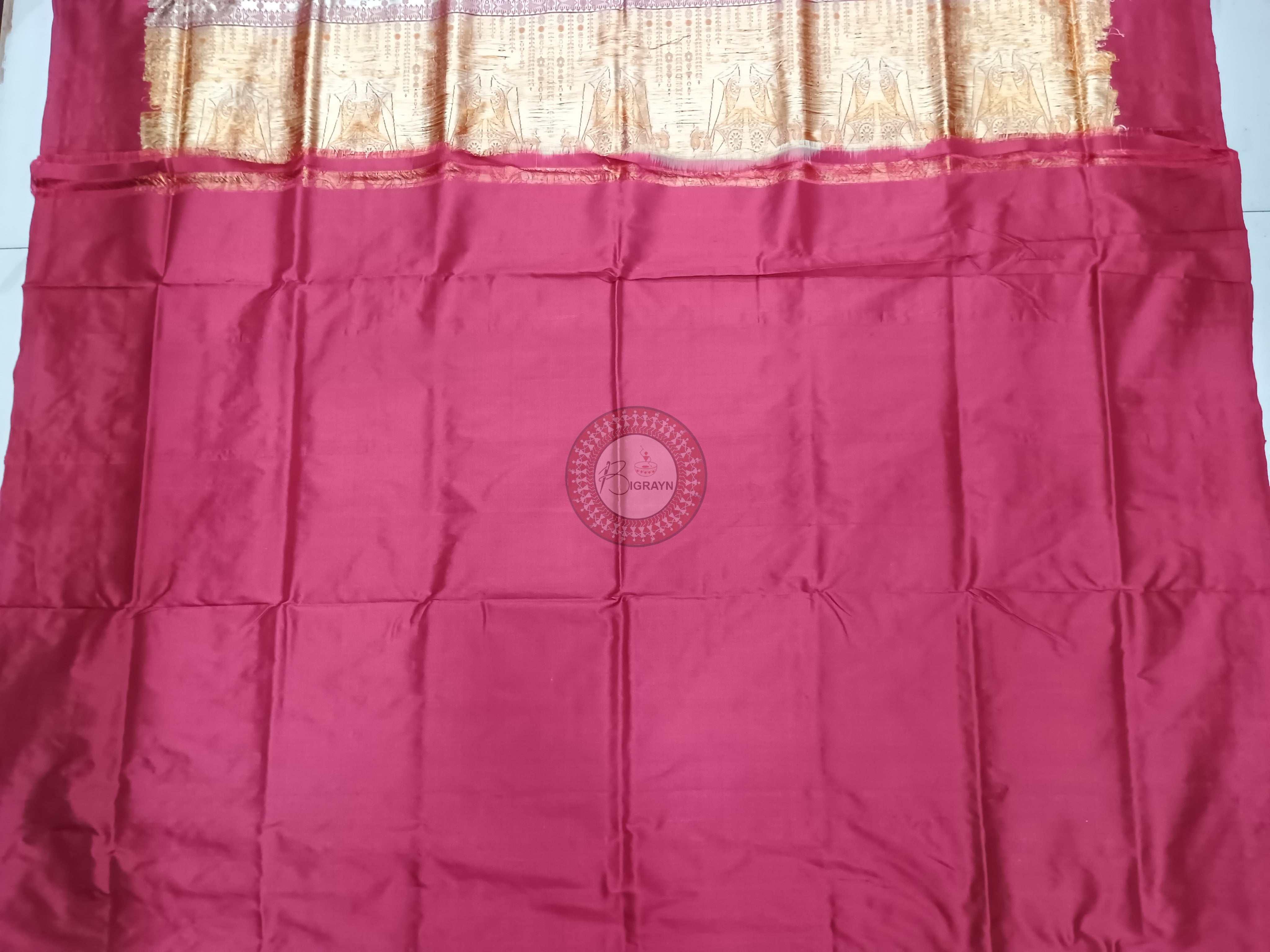 Cream Maroon Tribal Bomkai Silk Saree