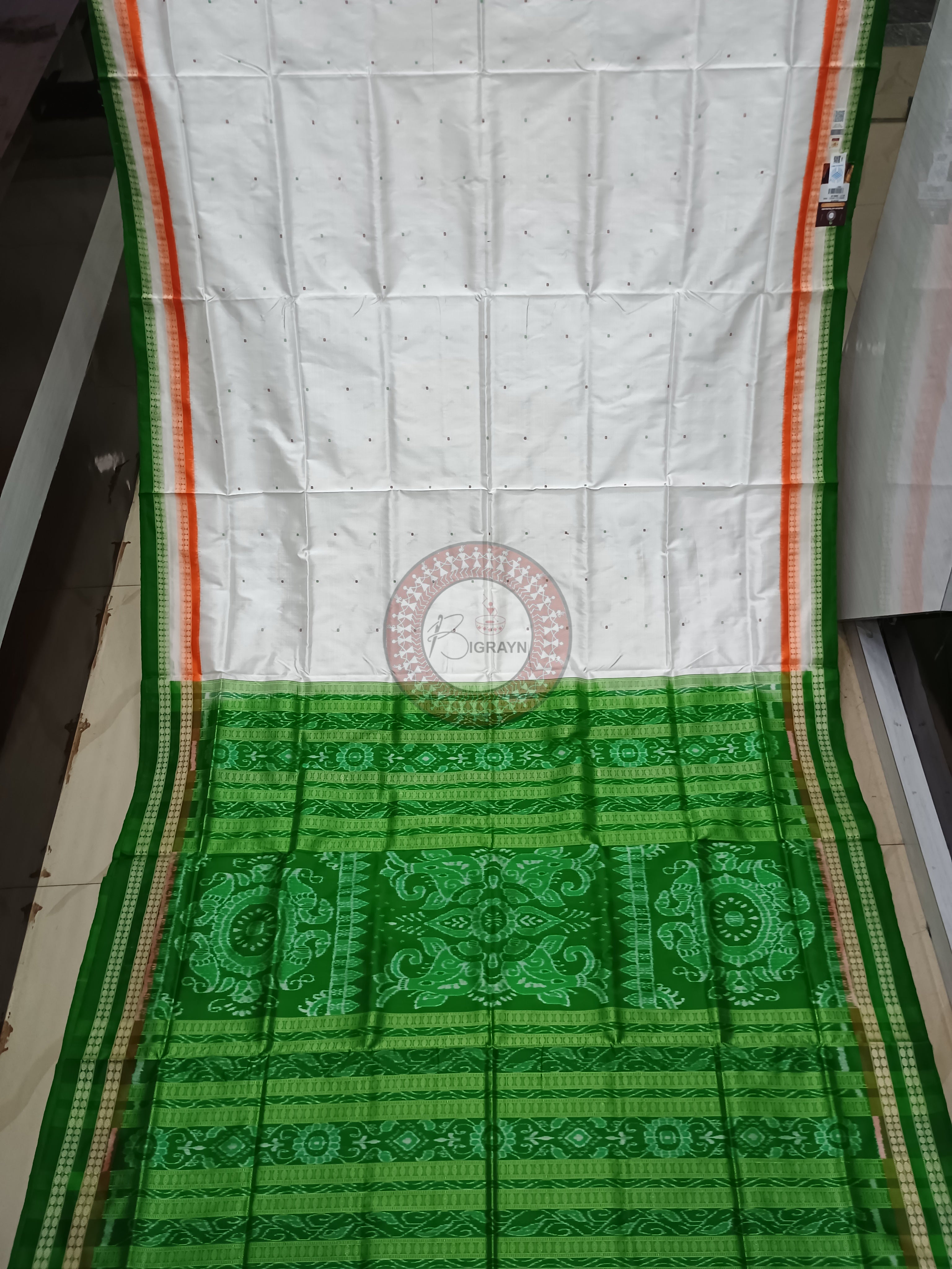 White Tiranga Bomkai Silk Saree