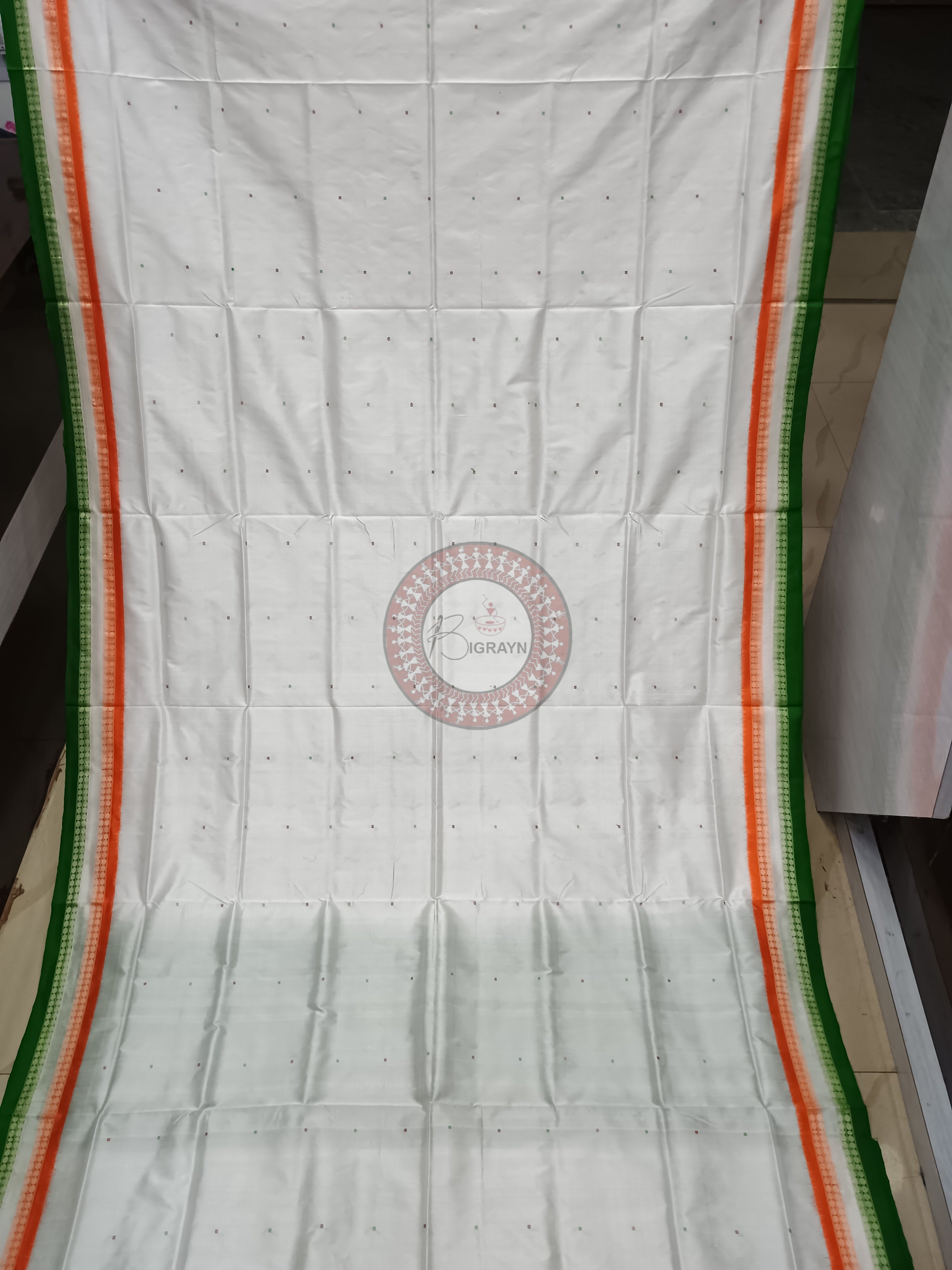White Tiranga Bomkai Silk Saree