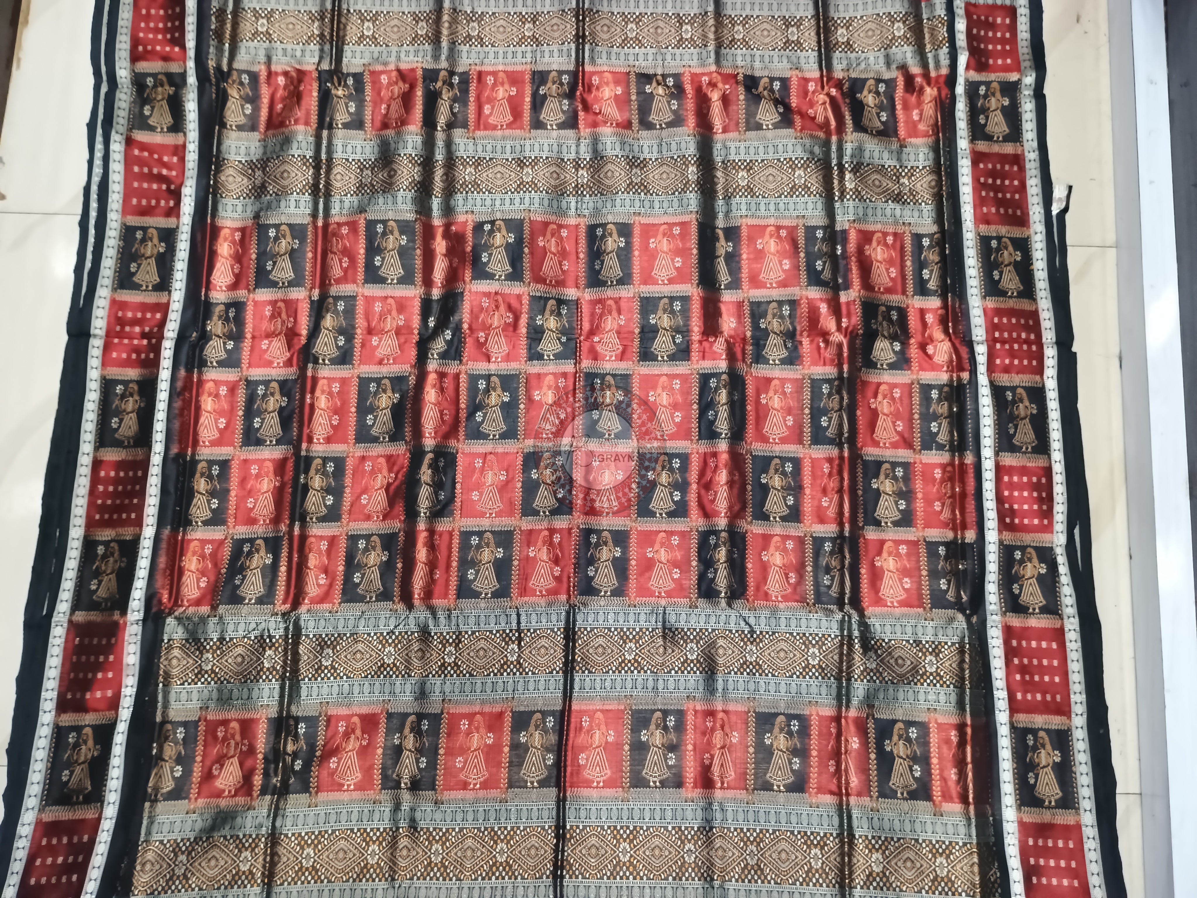 Maroon Black Doll Bomkai Silk Saree