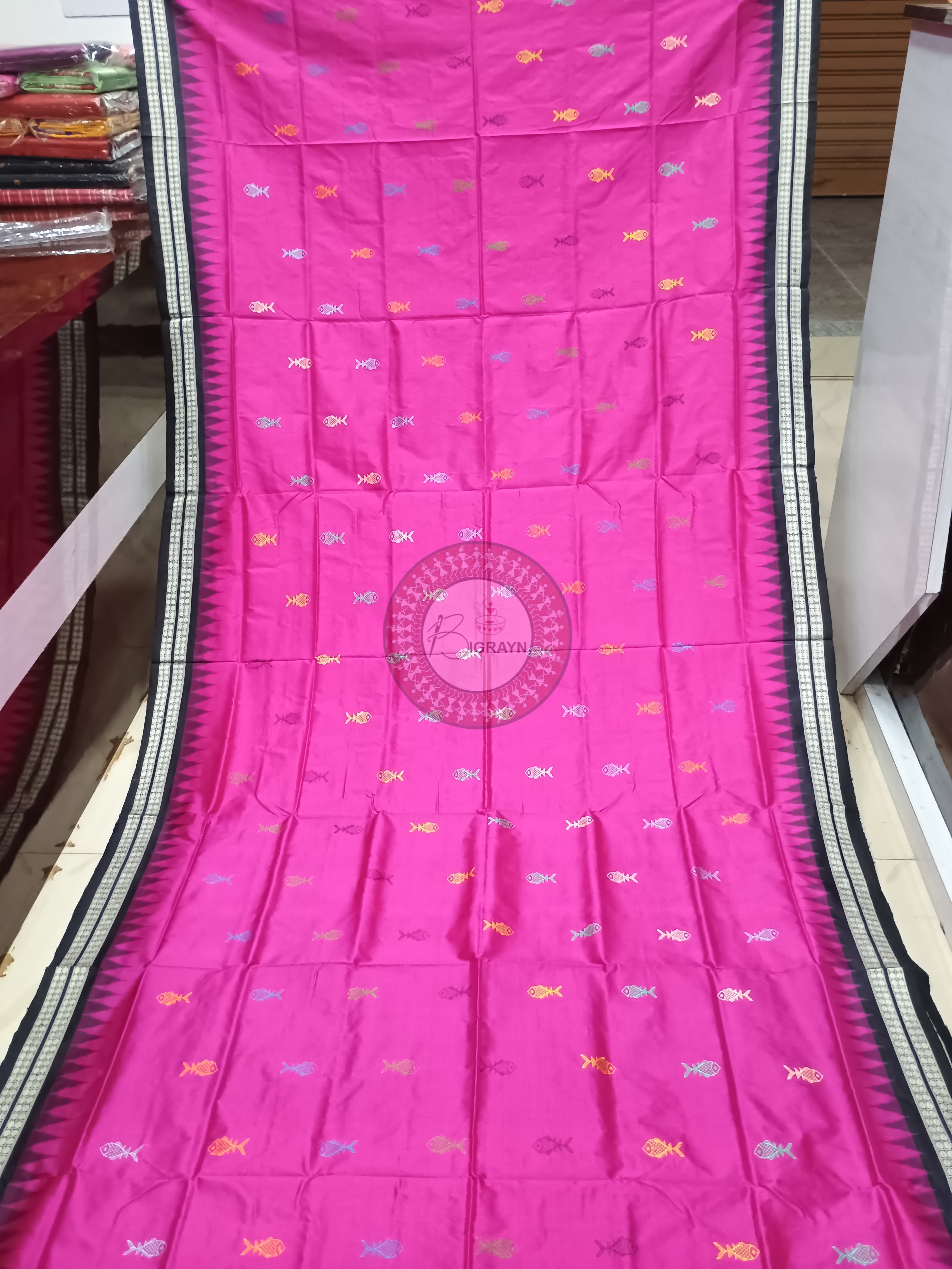 Pink Black Fish Bomkai Silk Saree