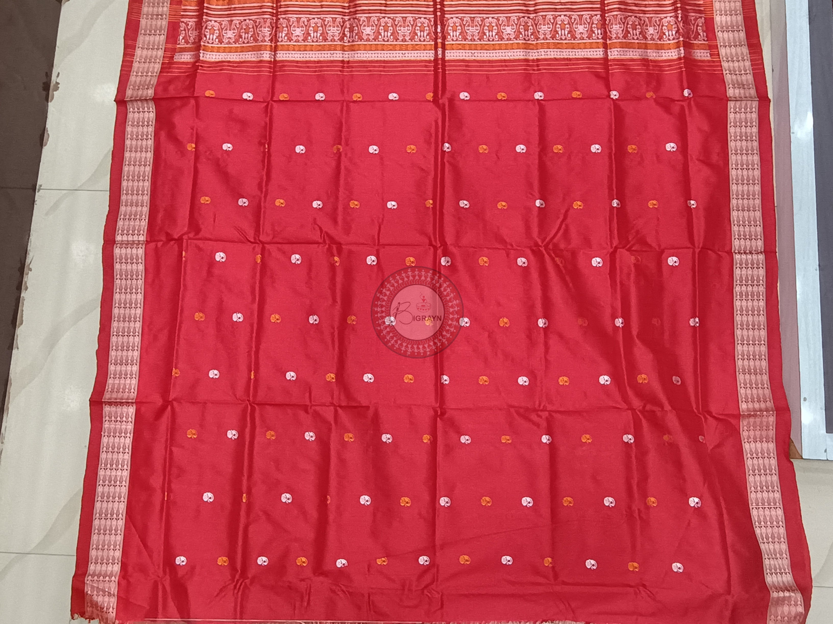 Pista Green Red Paisley Bomkai Silk Saree
