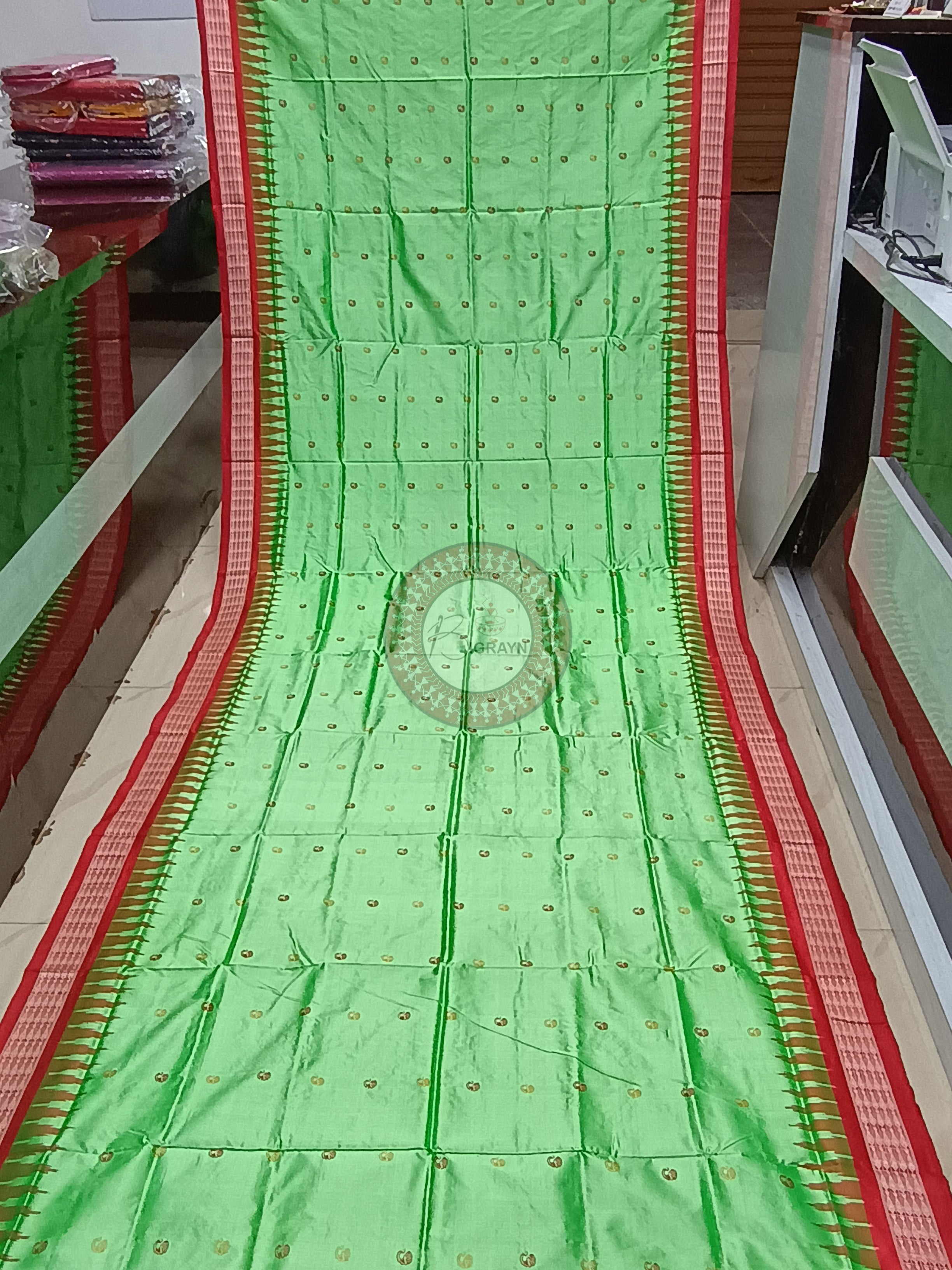 Pista Green Red Paisley Bomkai Silk Saree