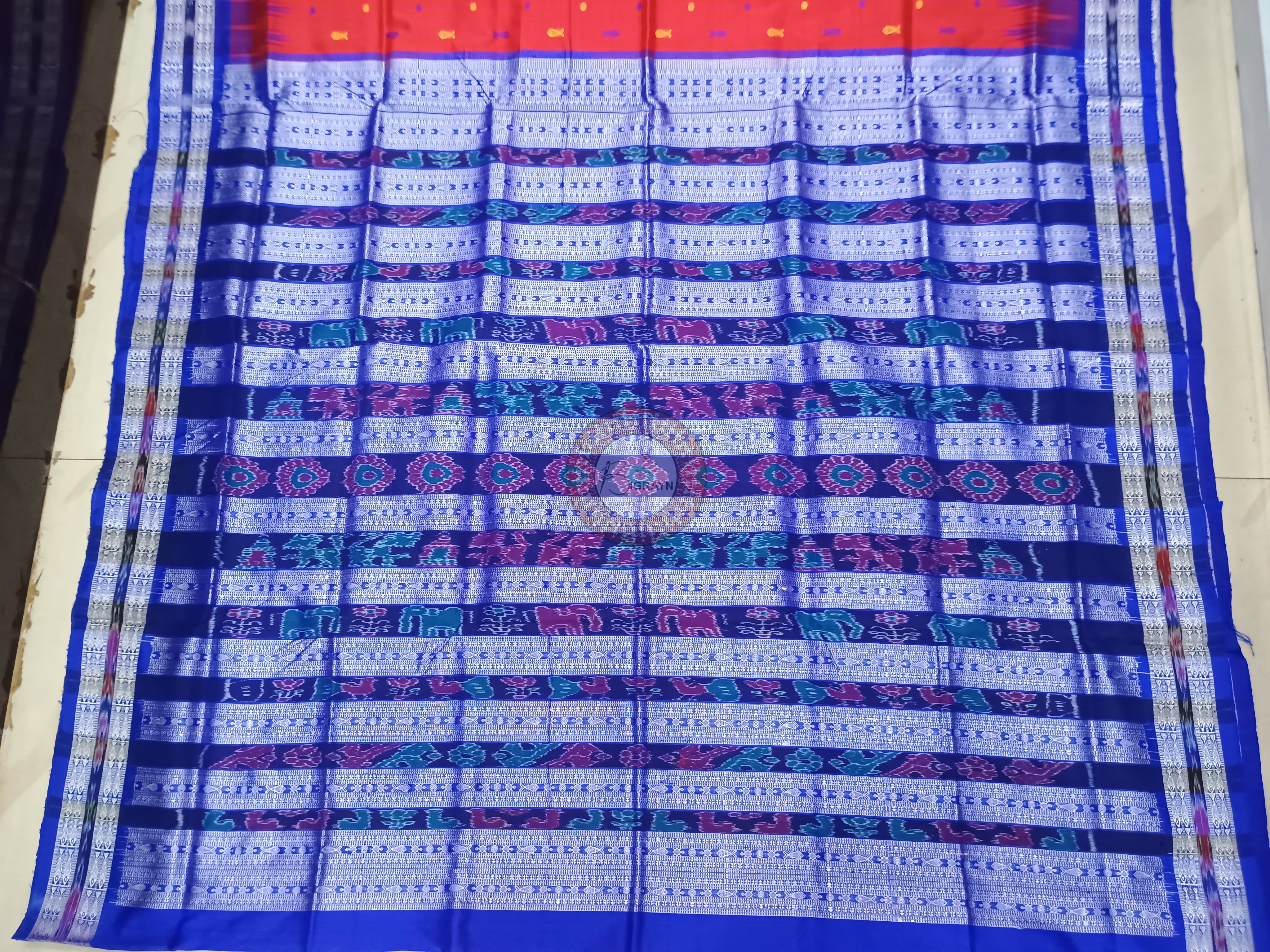 Red Blue Hazar Buti Bomkai Silk Saree