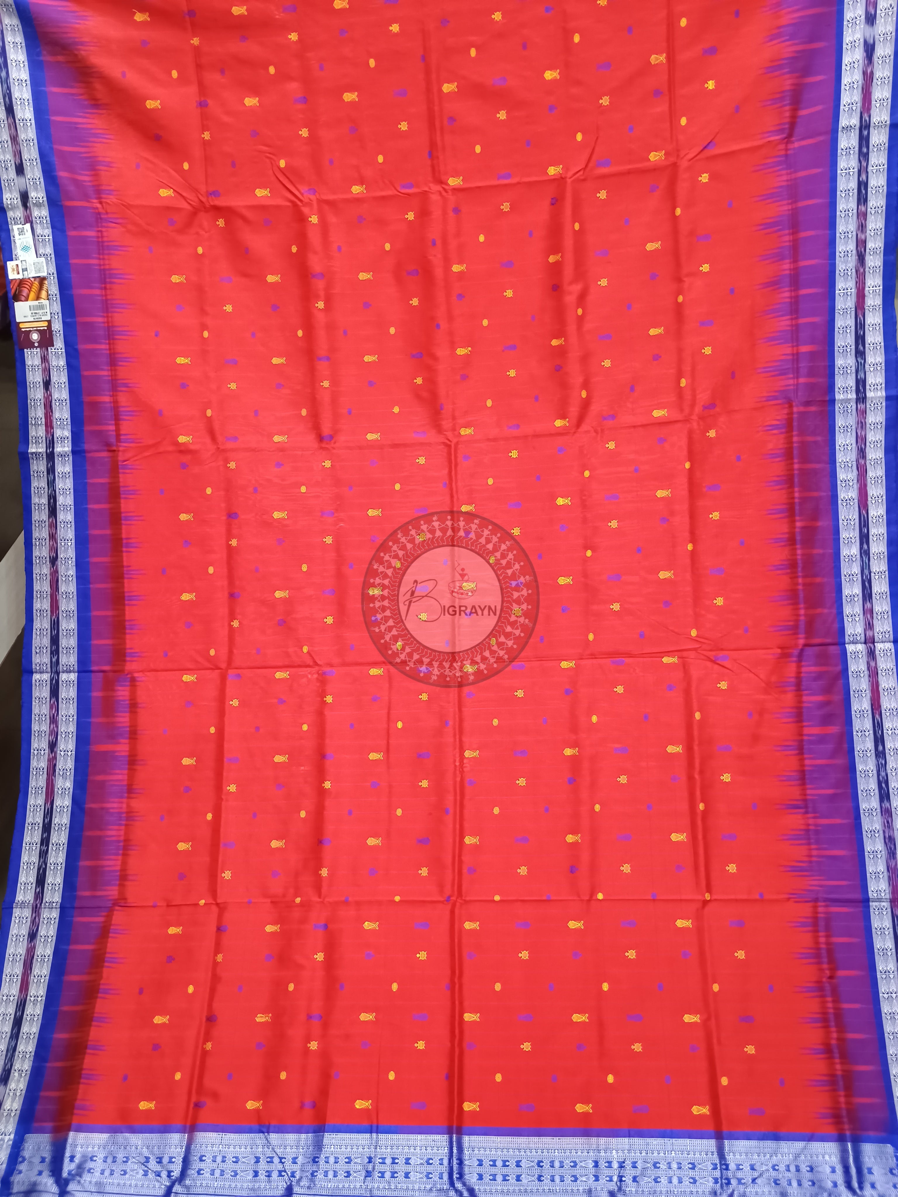 Red Blue Hazar Buti Bomkai Silk Saree
