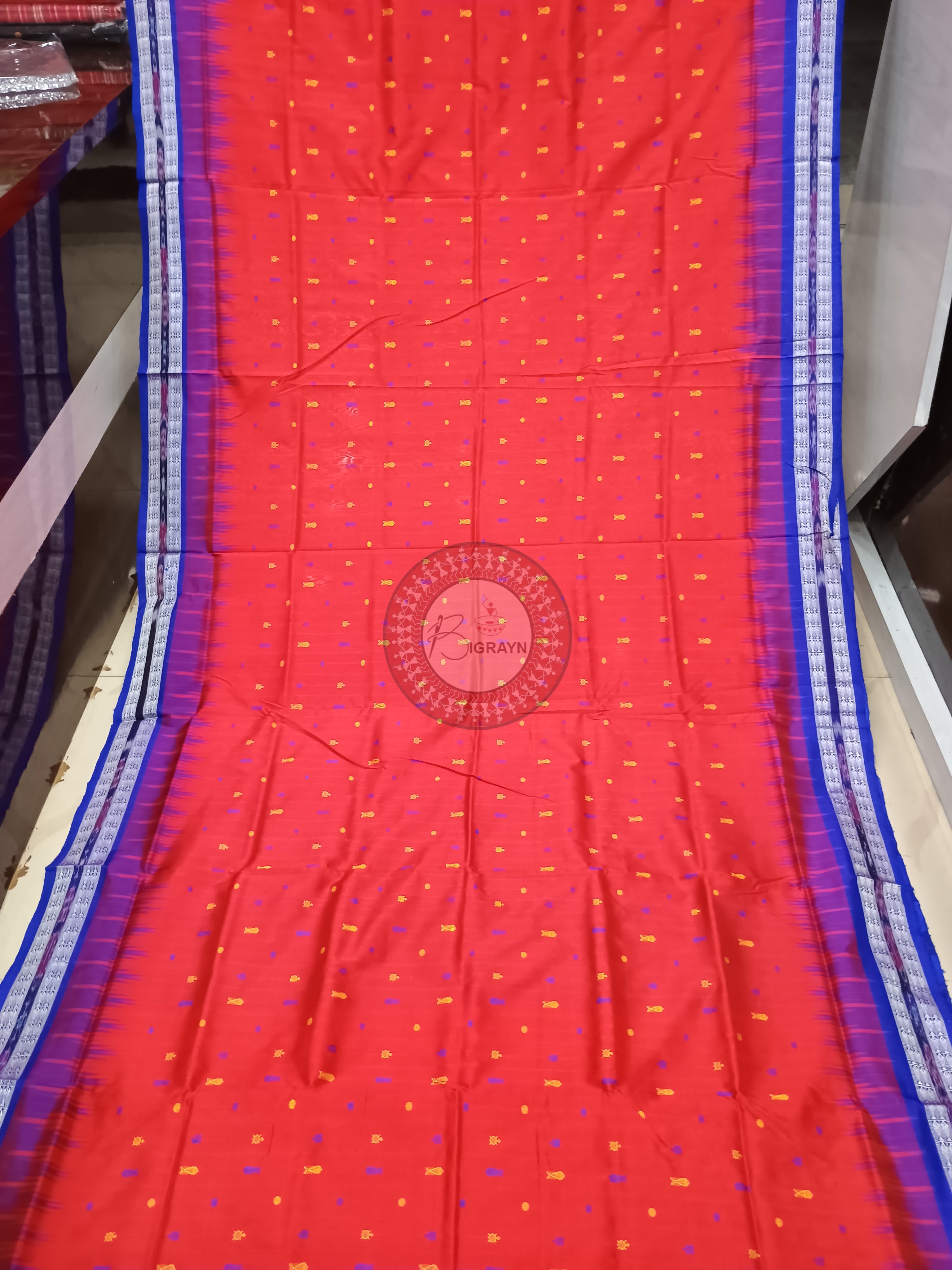 Red Blue Hazar Buti Bomkai Silk Saree