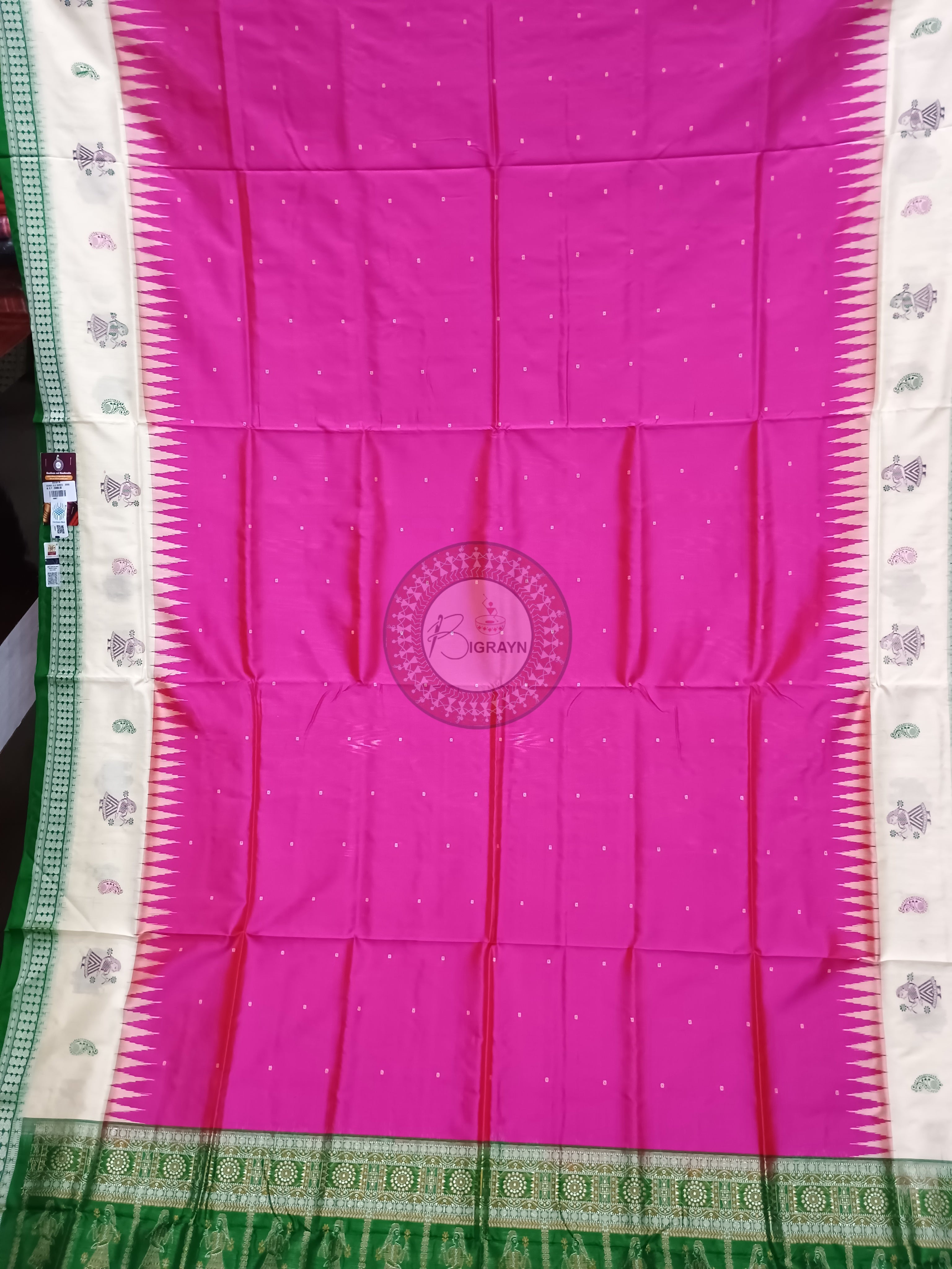 Pink Green Doll Bomkai Silk Saree