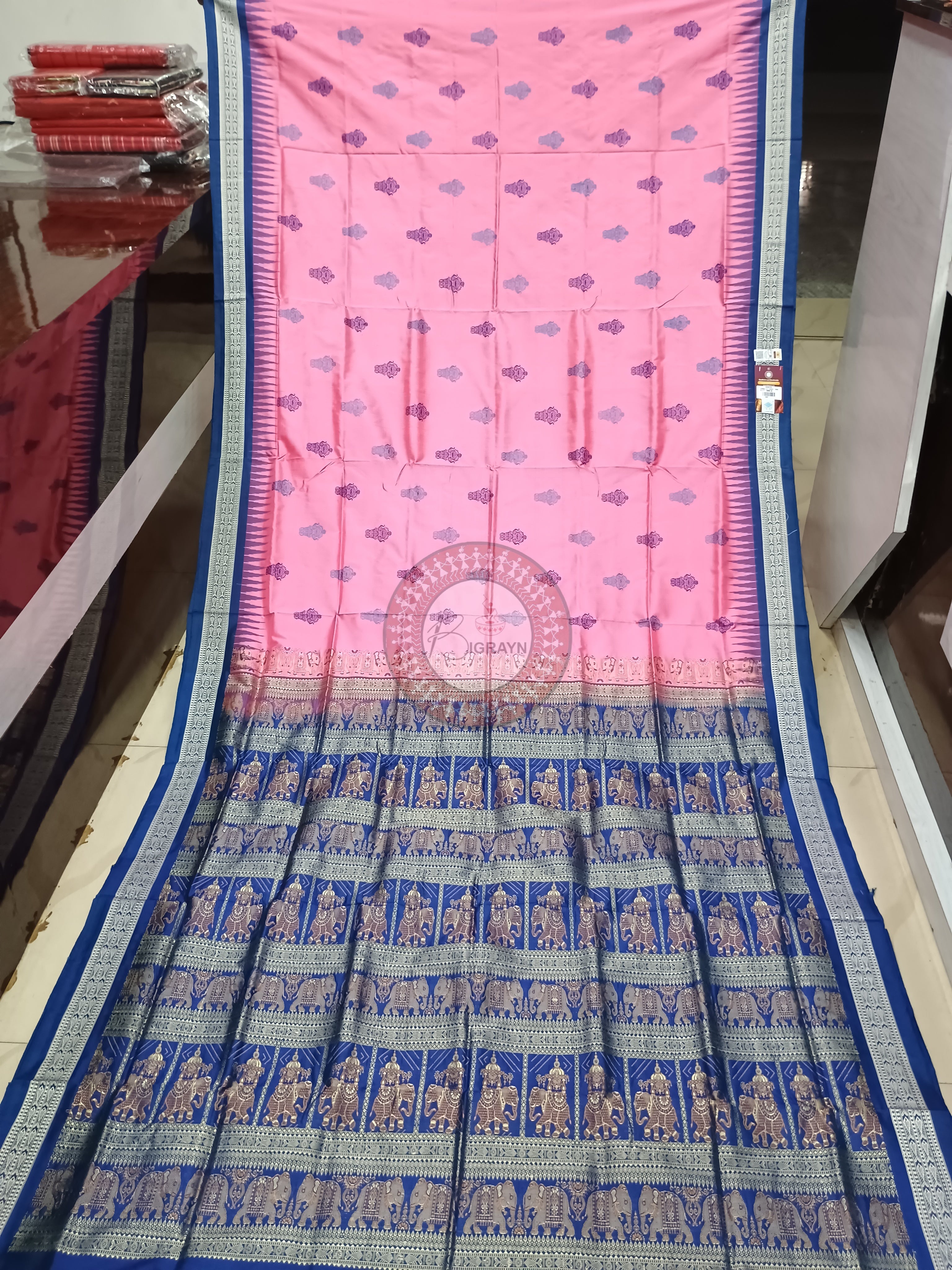 Pink Blue Dual Elephant Head Odisha Handloom Bomkai Silk Saree