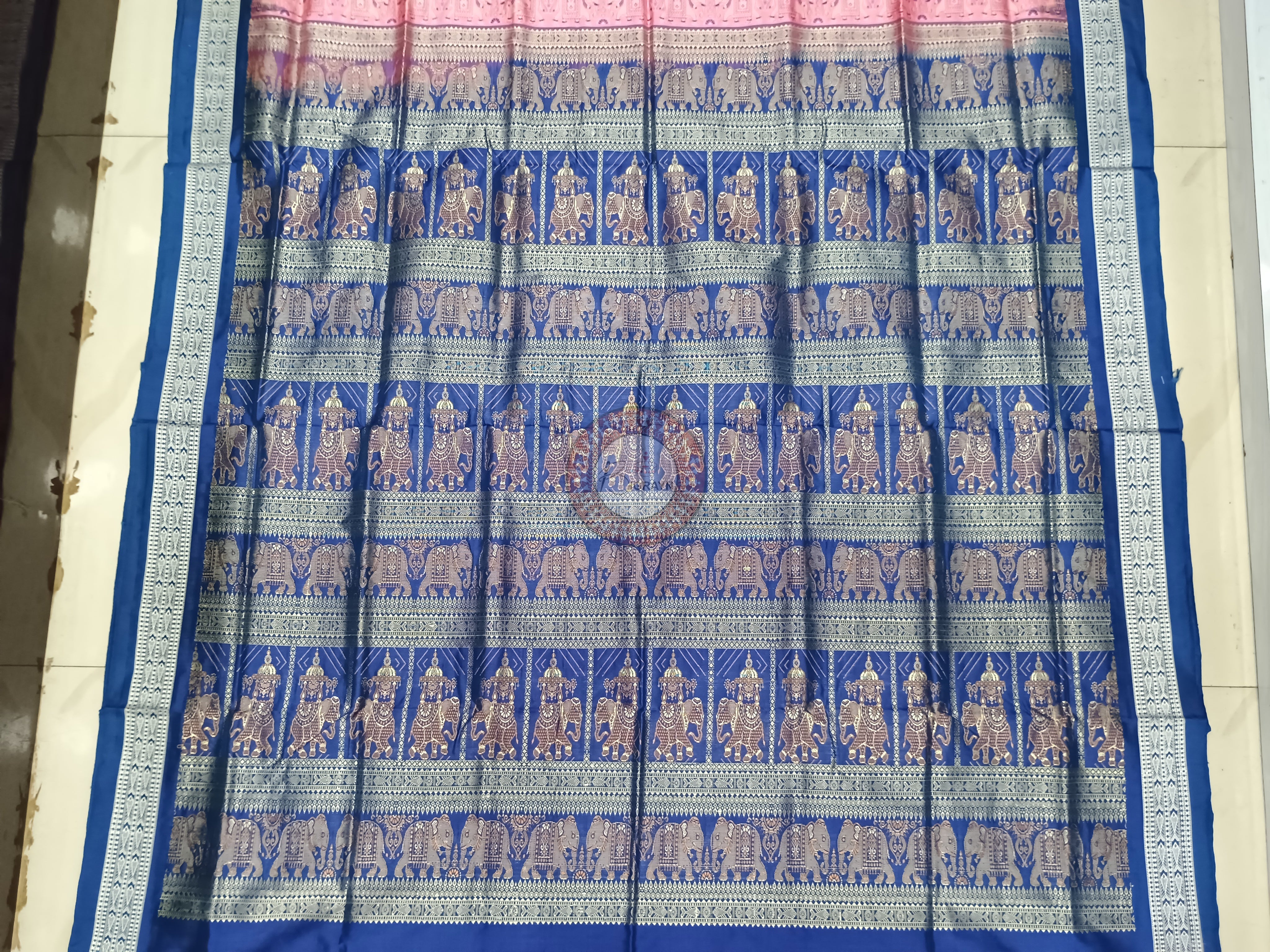 Pink Blue Dual Elephant Head Odisha Handloom Bomkai Silk Saree