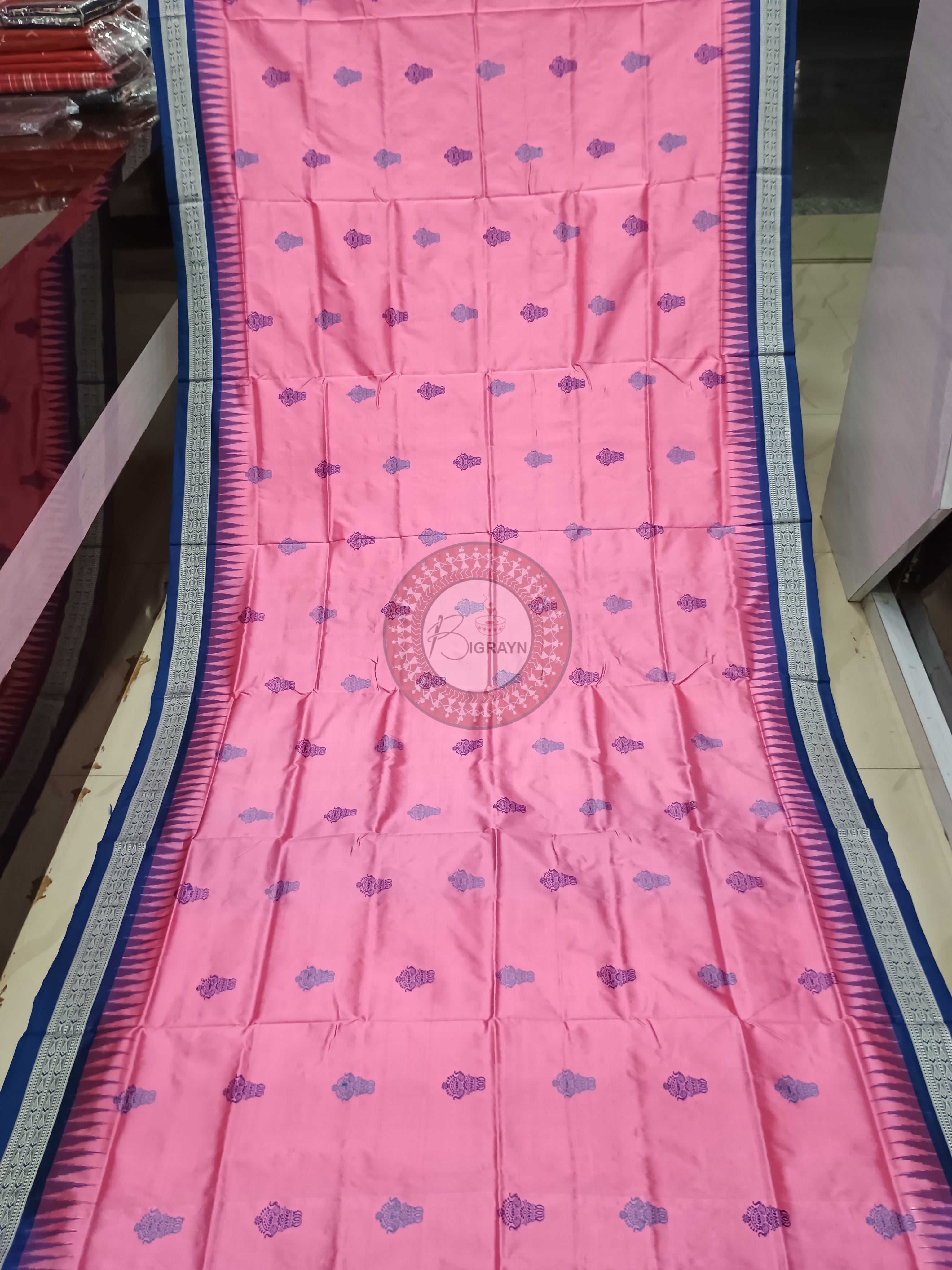 Pink Blue Dual Elephant Head Odisha Handloom Bomkai Silk Saree