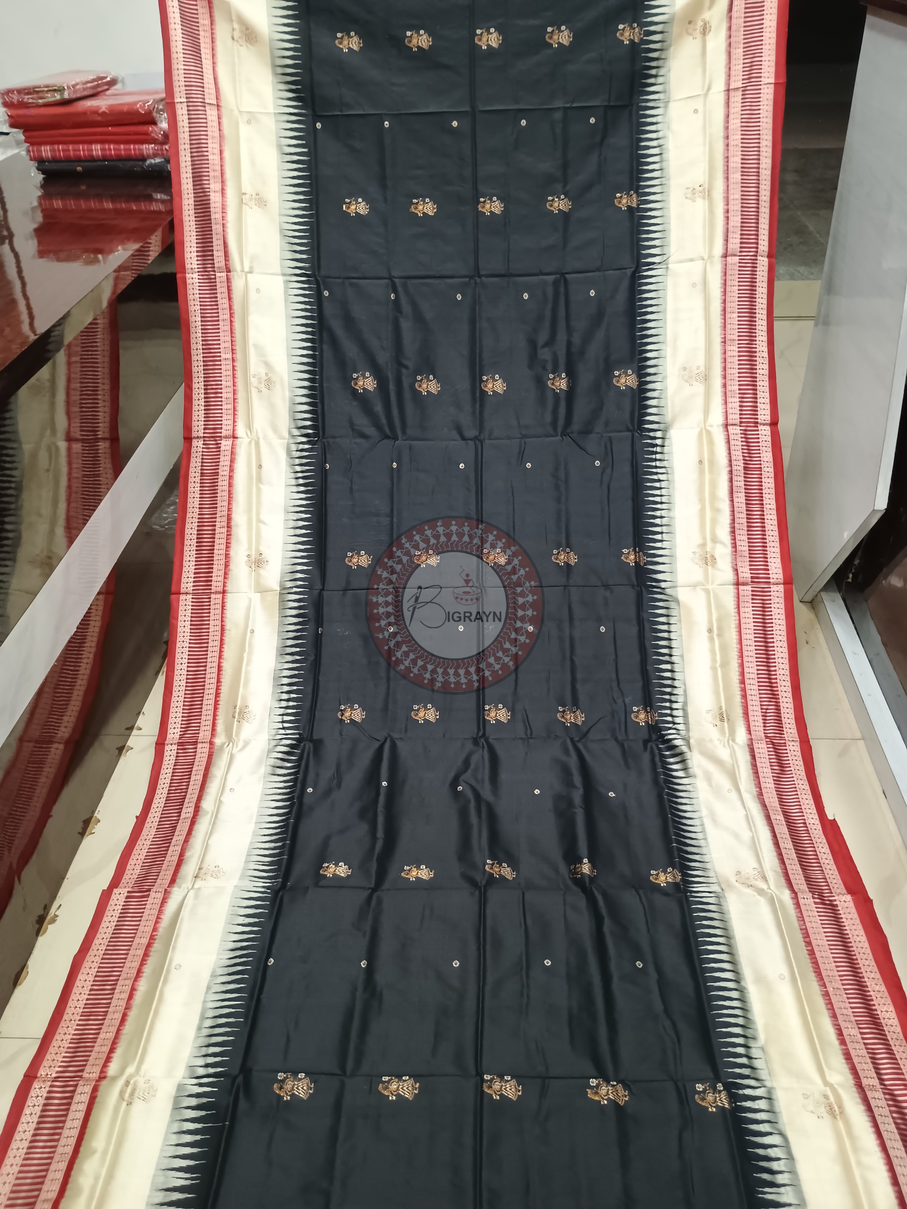 Black Red Off White Doll Bomkai Silk Saree