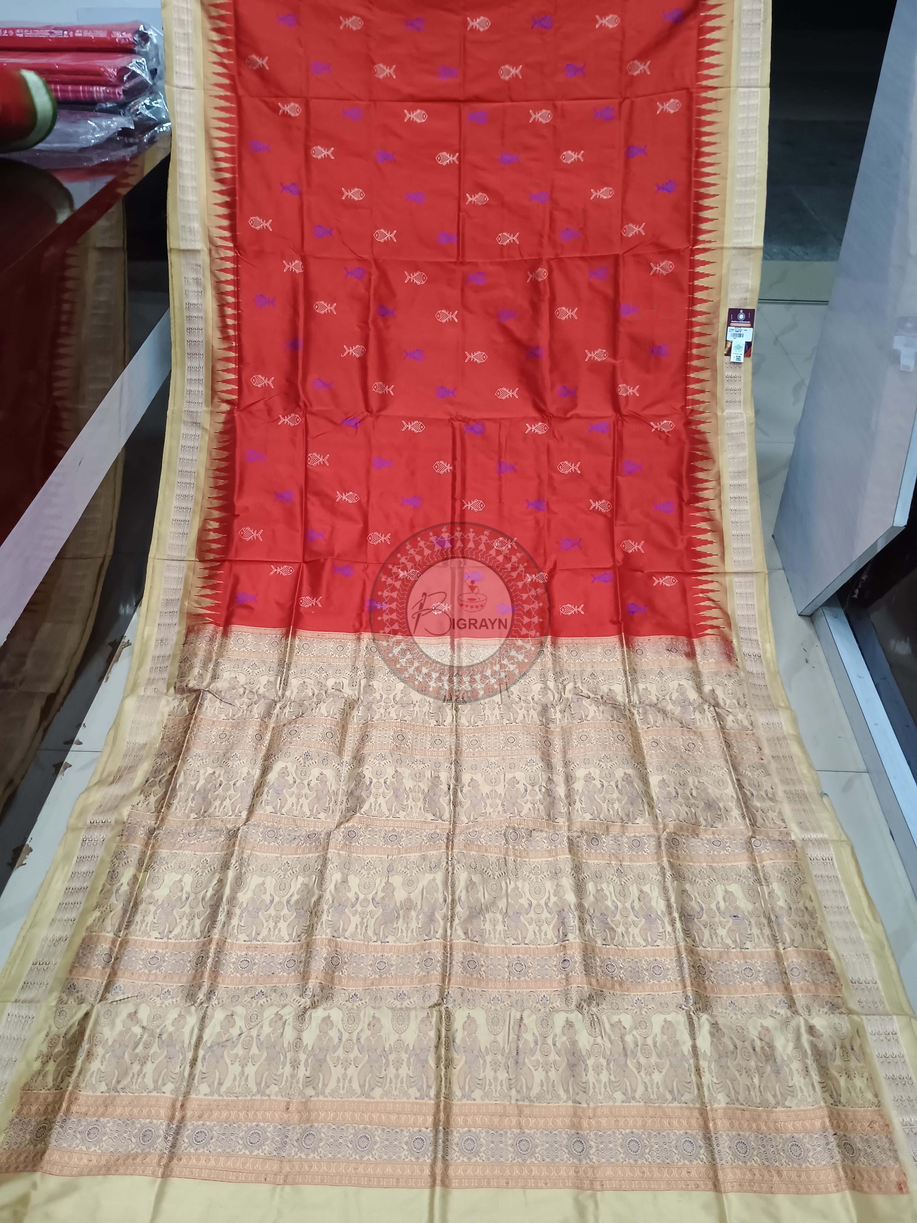 Red Creame Fish Bomkai Silk Saree