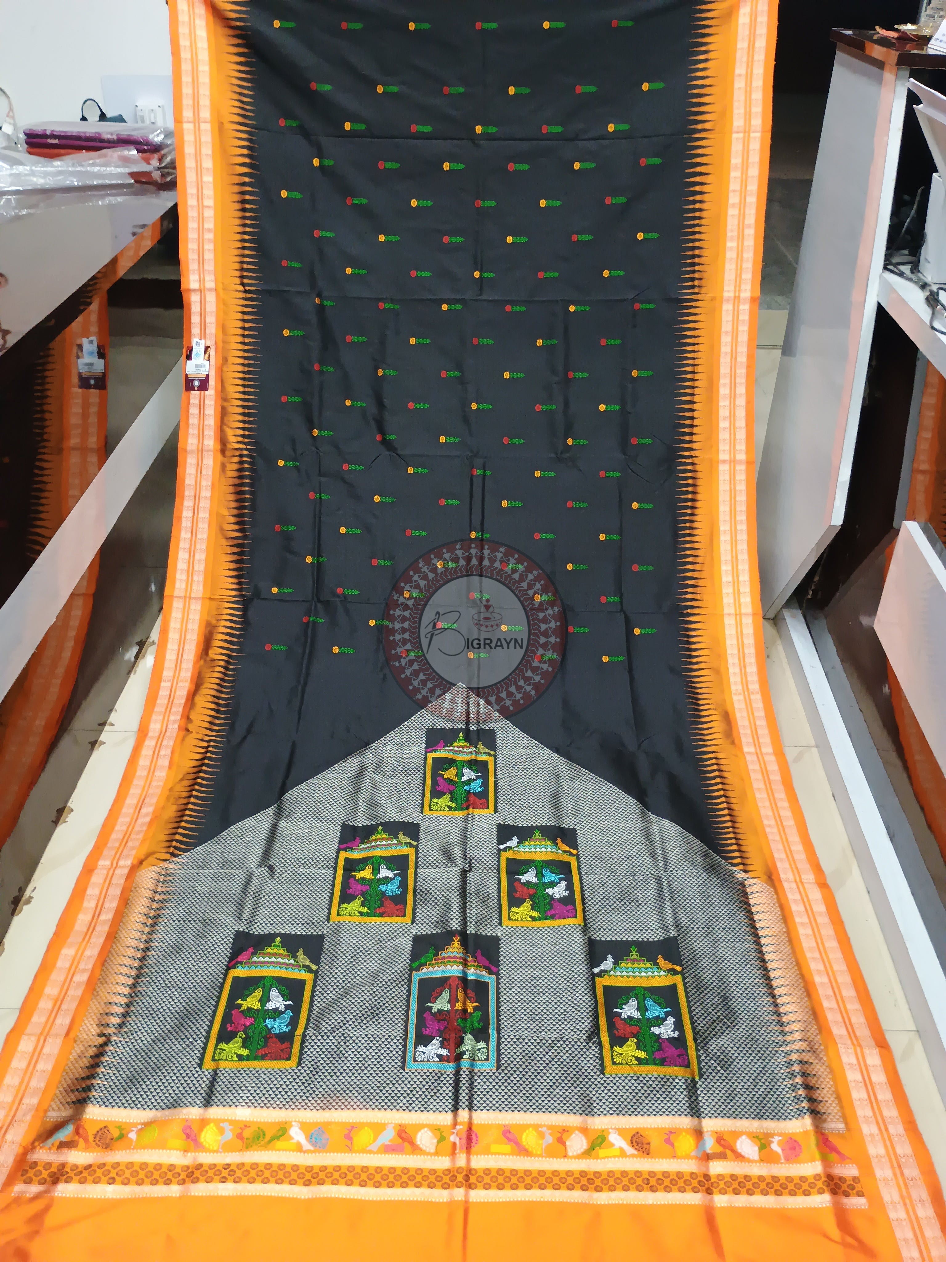 Black Orange Panjuri Design Odisha Handloom Bomkai Silk Saree
