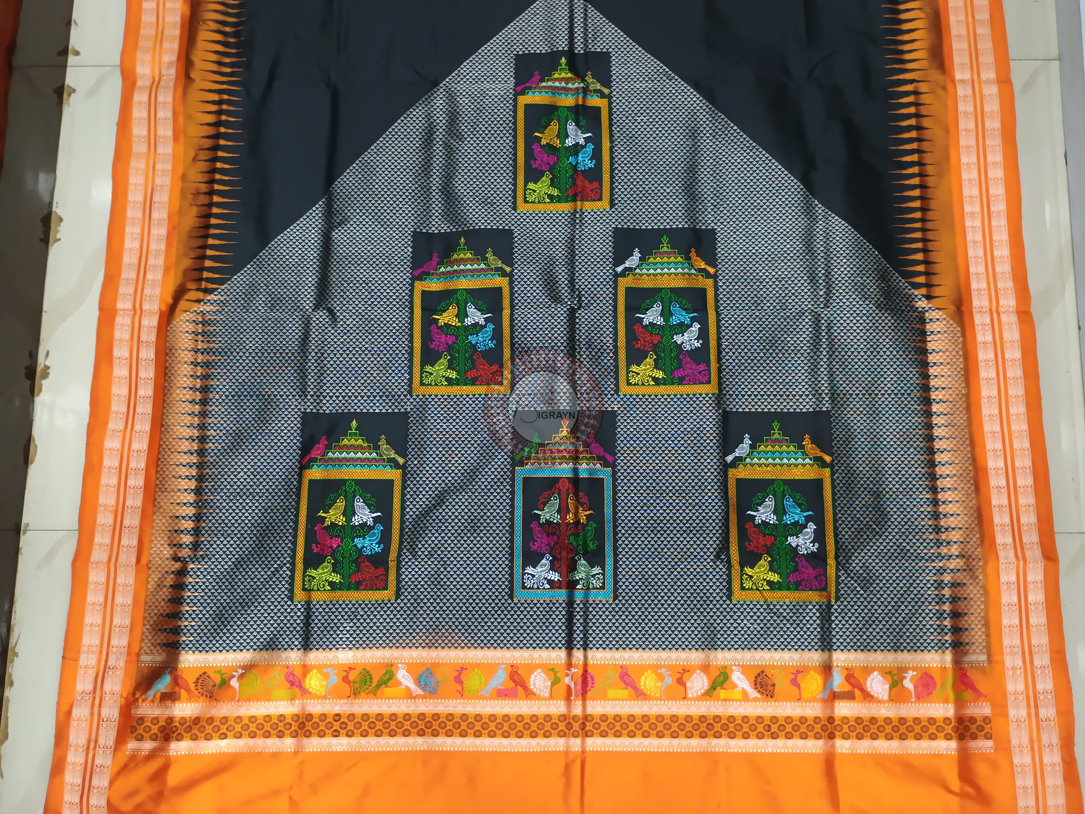 Black Orange Panjuri Design Odisha Handloom Bomkai Silk Saree