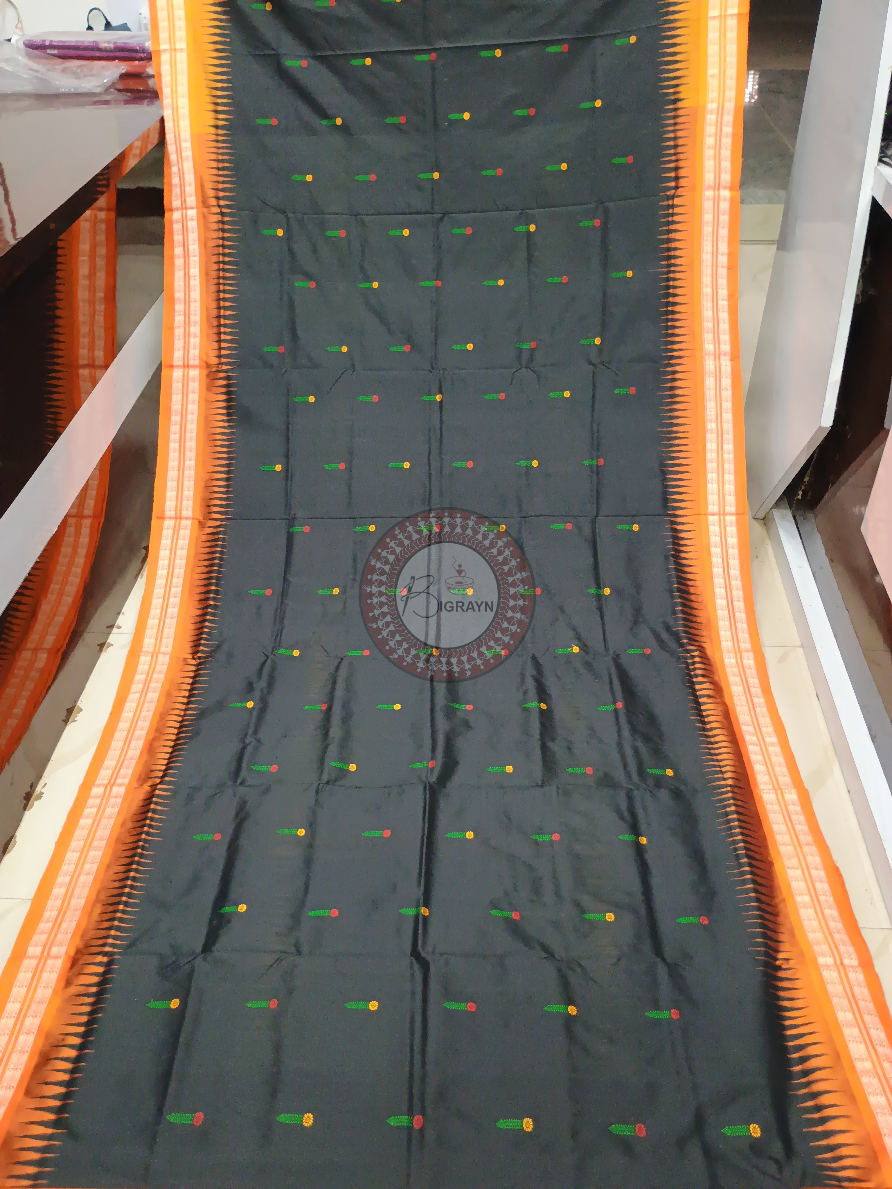 Black Orange Panjuri Design Odisha Handloom Bomkai Silk Saree