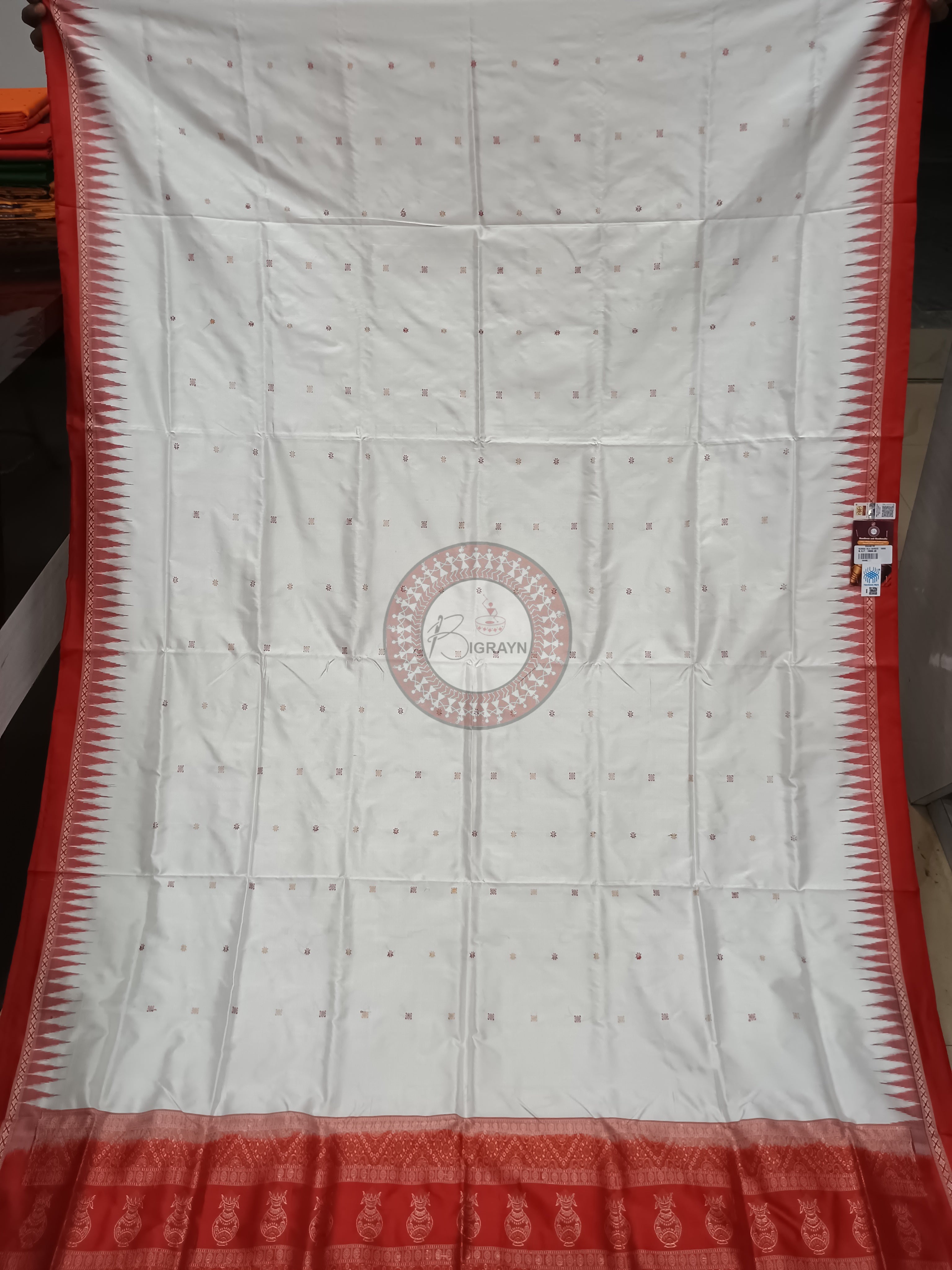 White Red Single Border Odisha Handloom Bomkai Silk Saree