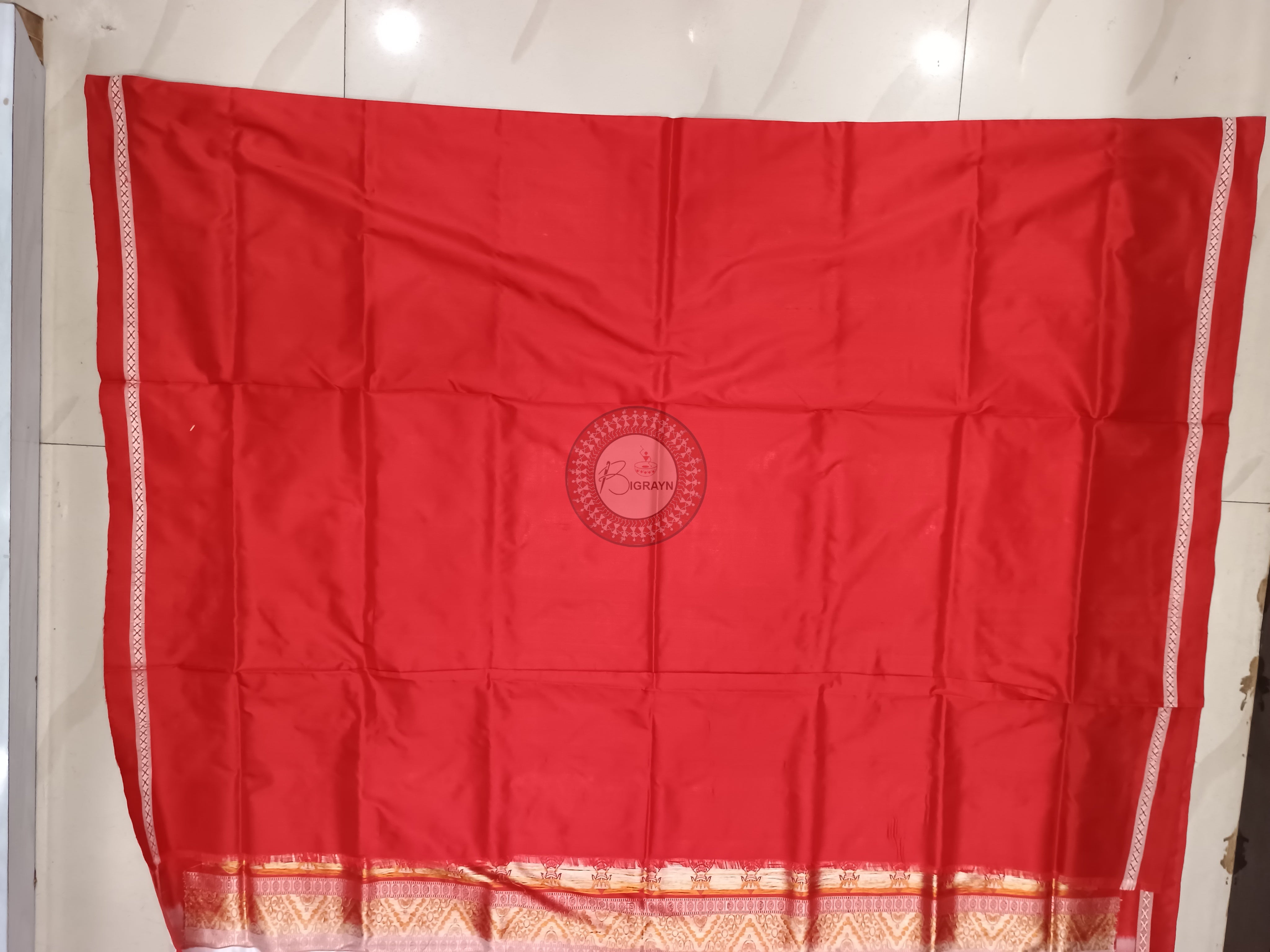 White Red Single Border Odisha Handloom Bomkai Silk Saree