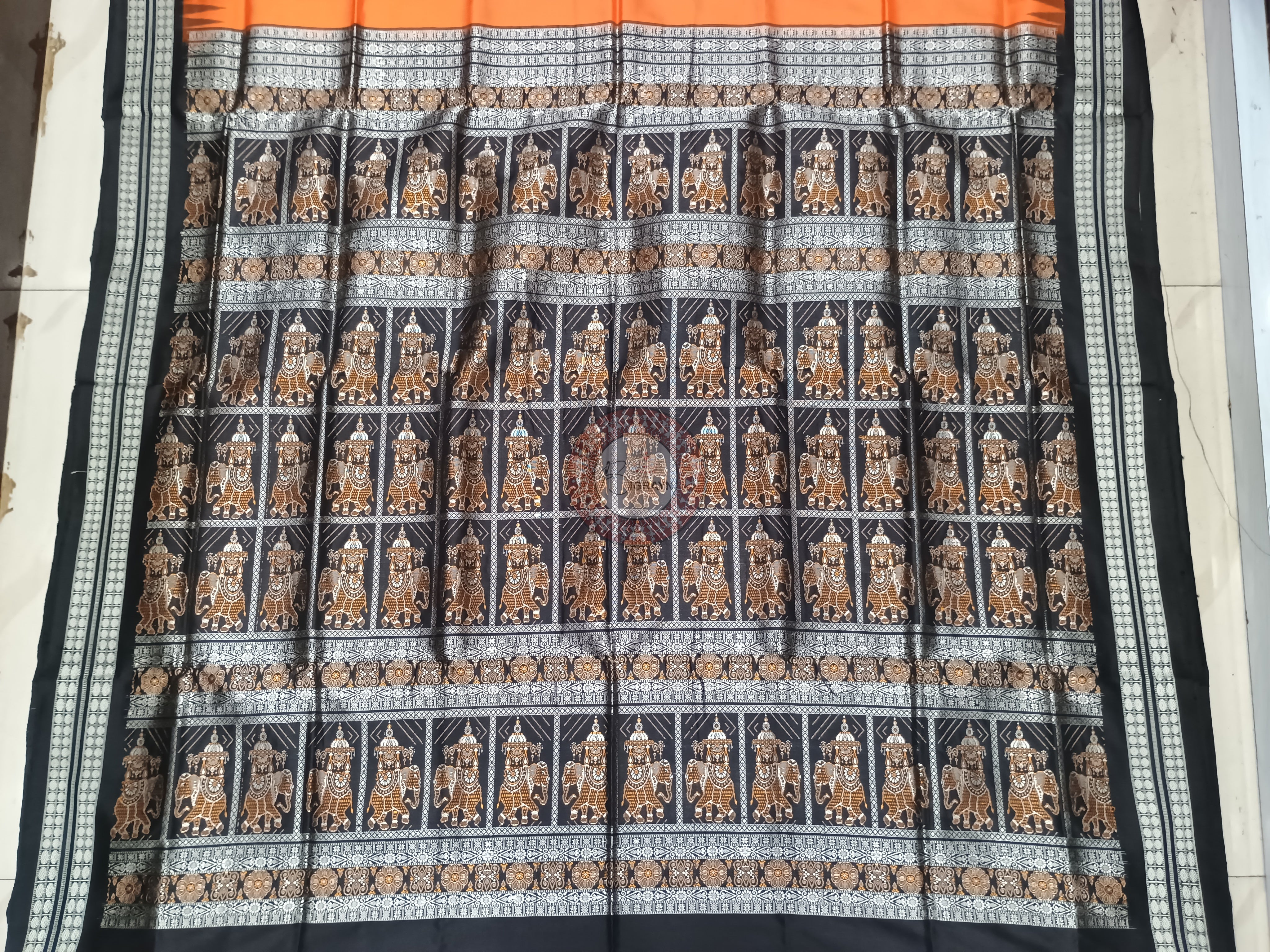 Orange Black Buti Bomkai Silk Saree