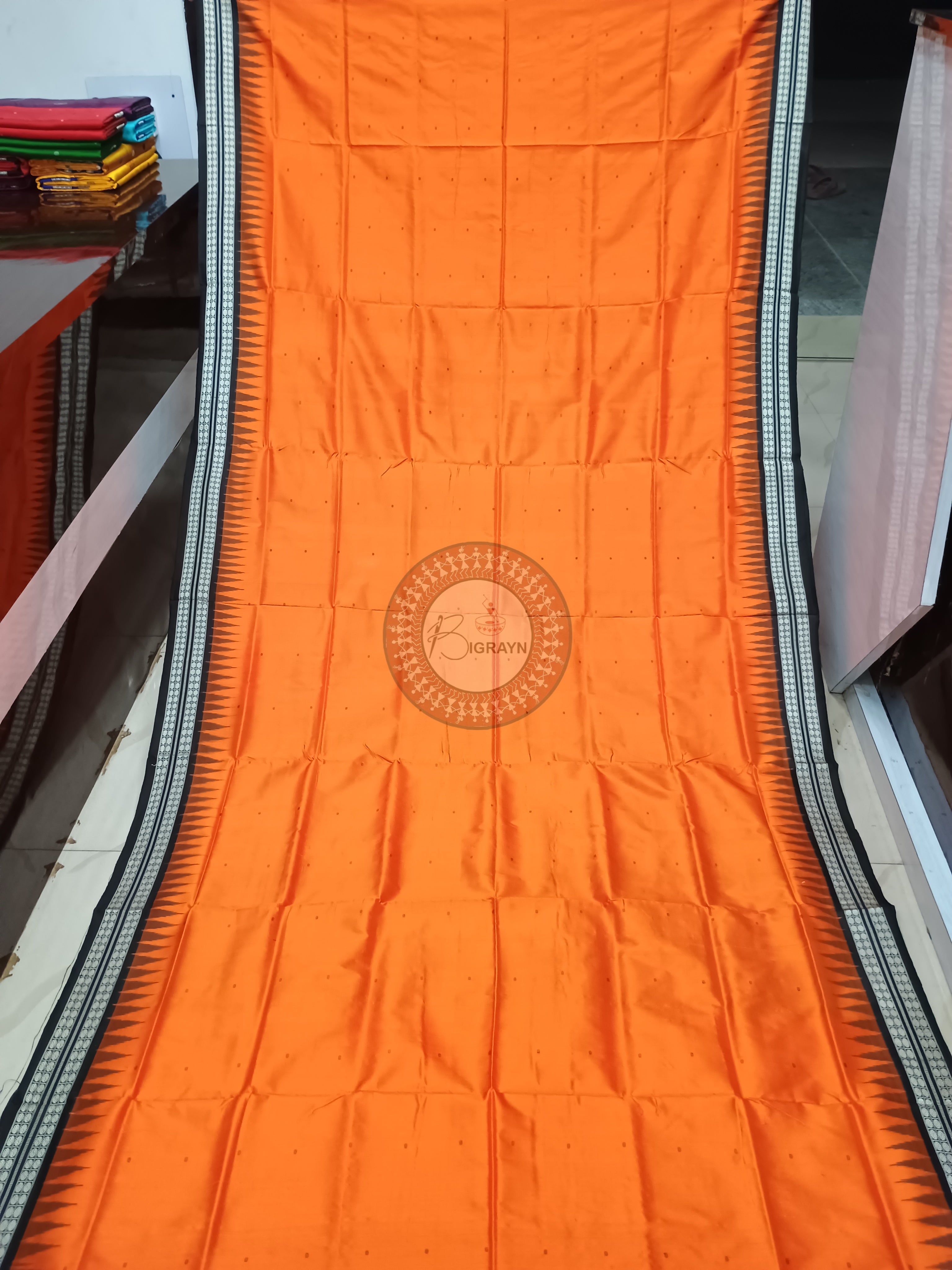Orange Black Buti Bomkai Silk Saree