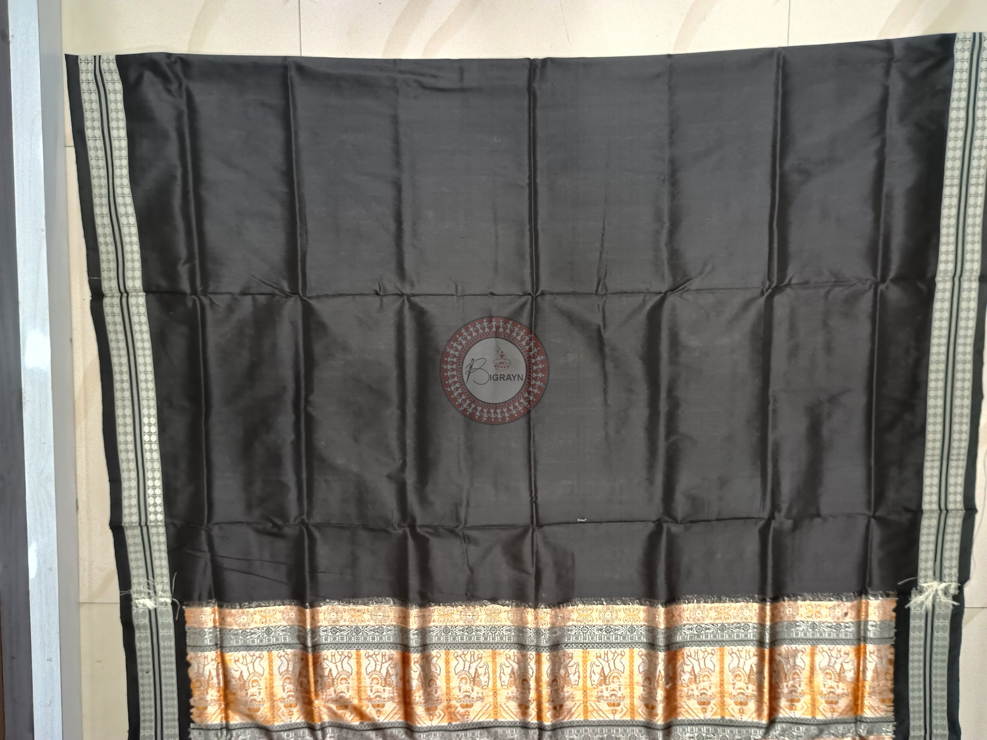 Orange Black Buti Bomkai Silk Saree