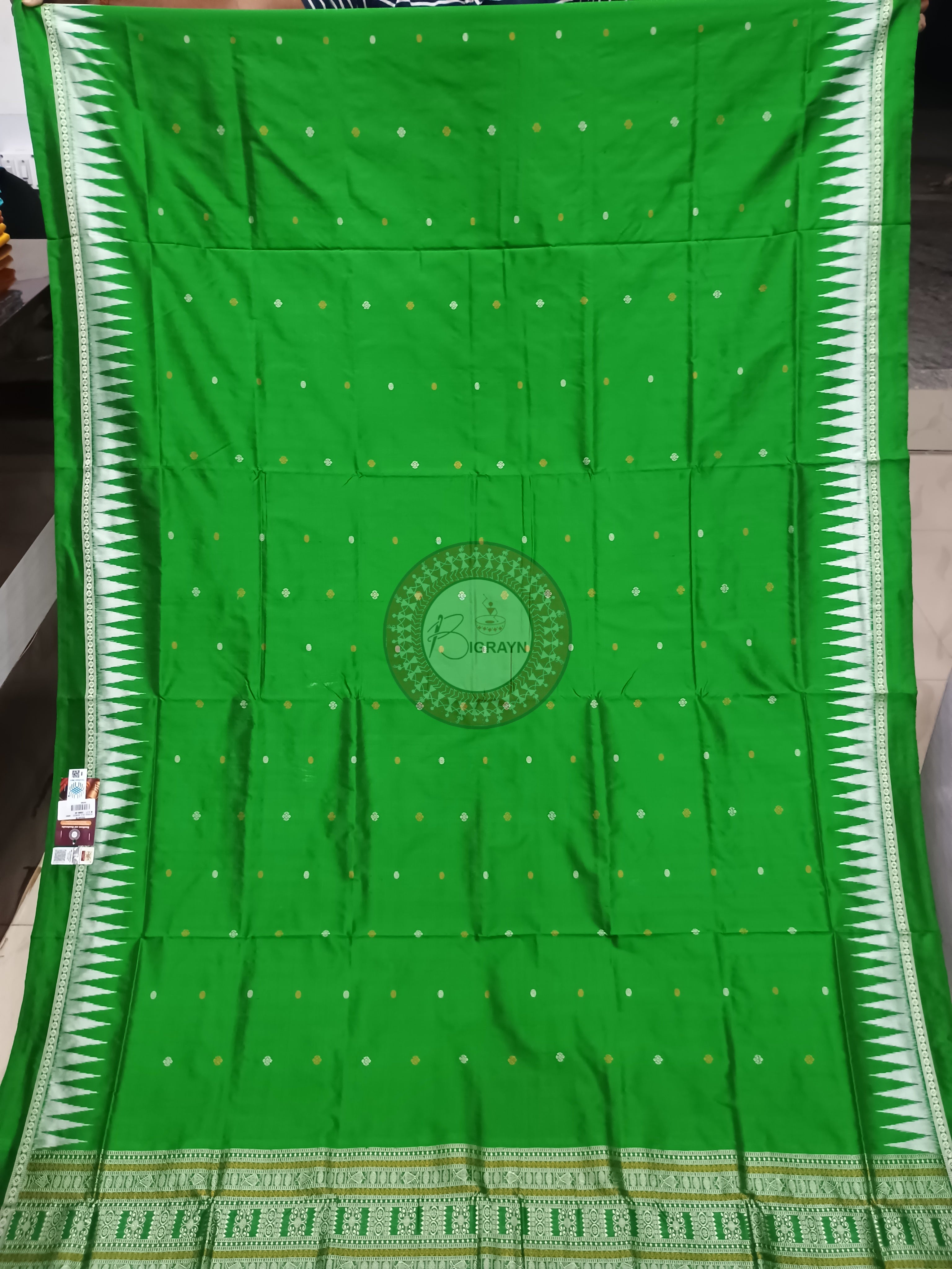Green Silver Single Border Odisha Handloom Bomkai Silk Saree