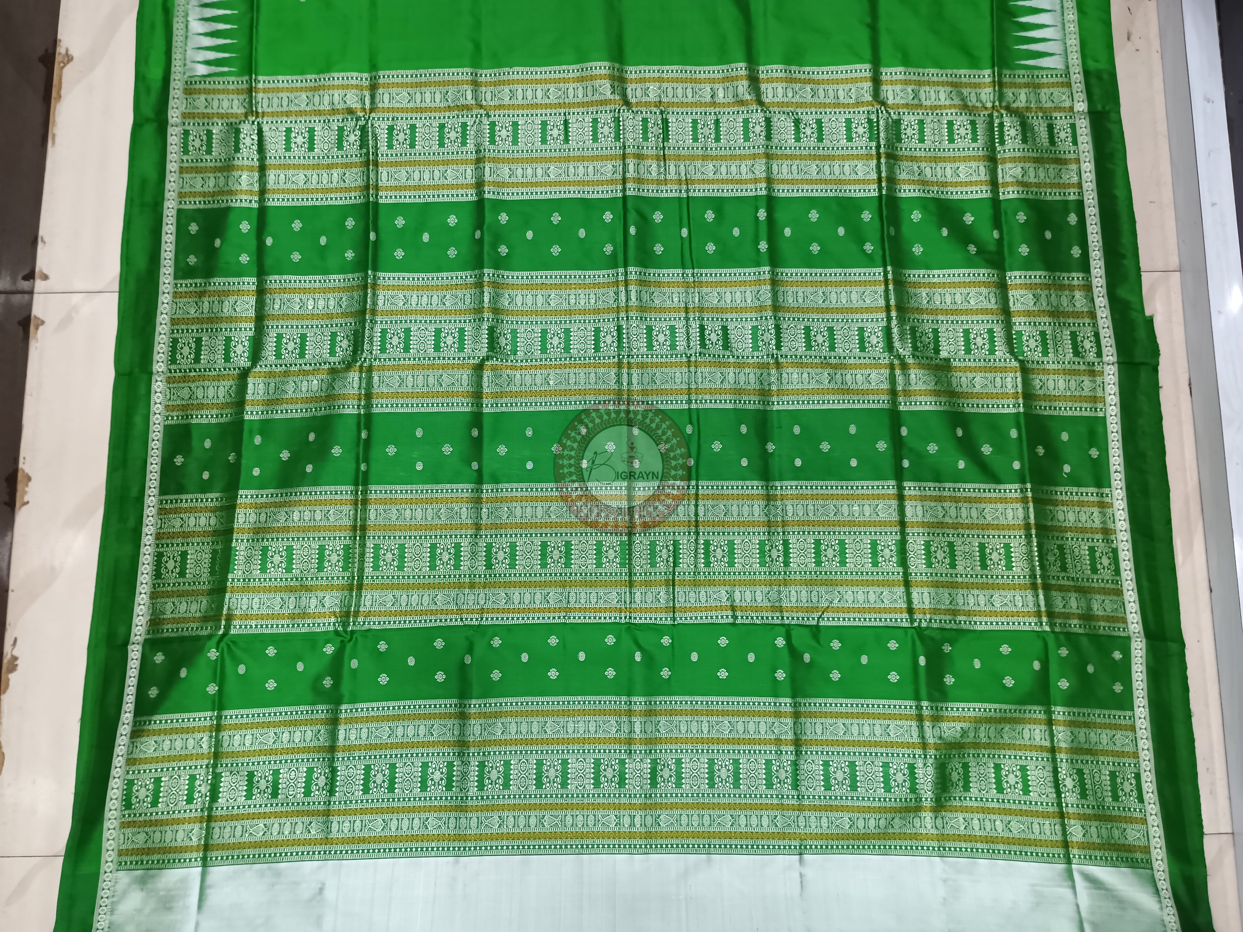 Green Silver Single Border Odisha Handloom Bomkai Silk Saree