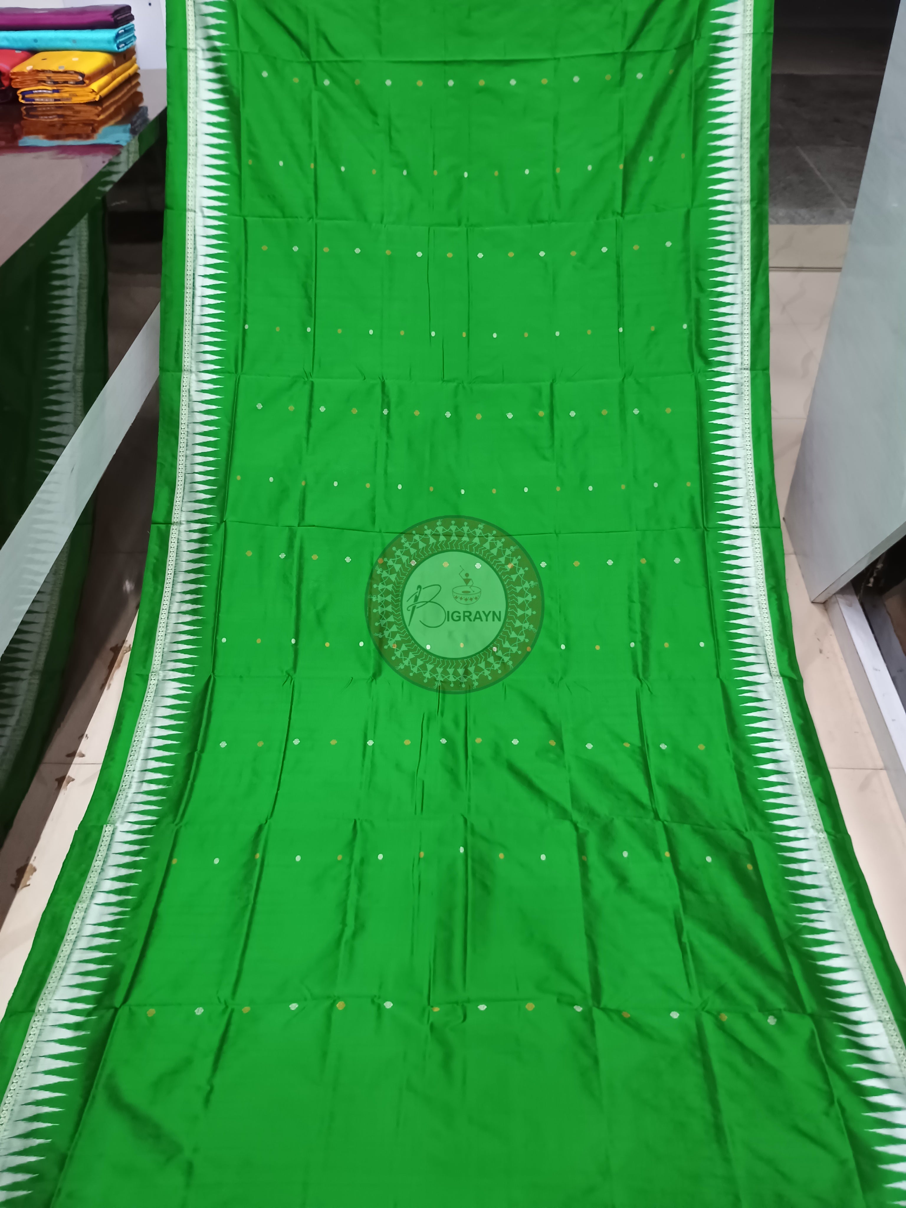 Green Silver Single Border Odisha Handloom Bomkai Silk Saree