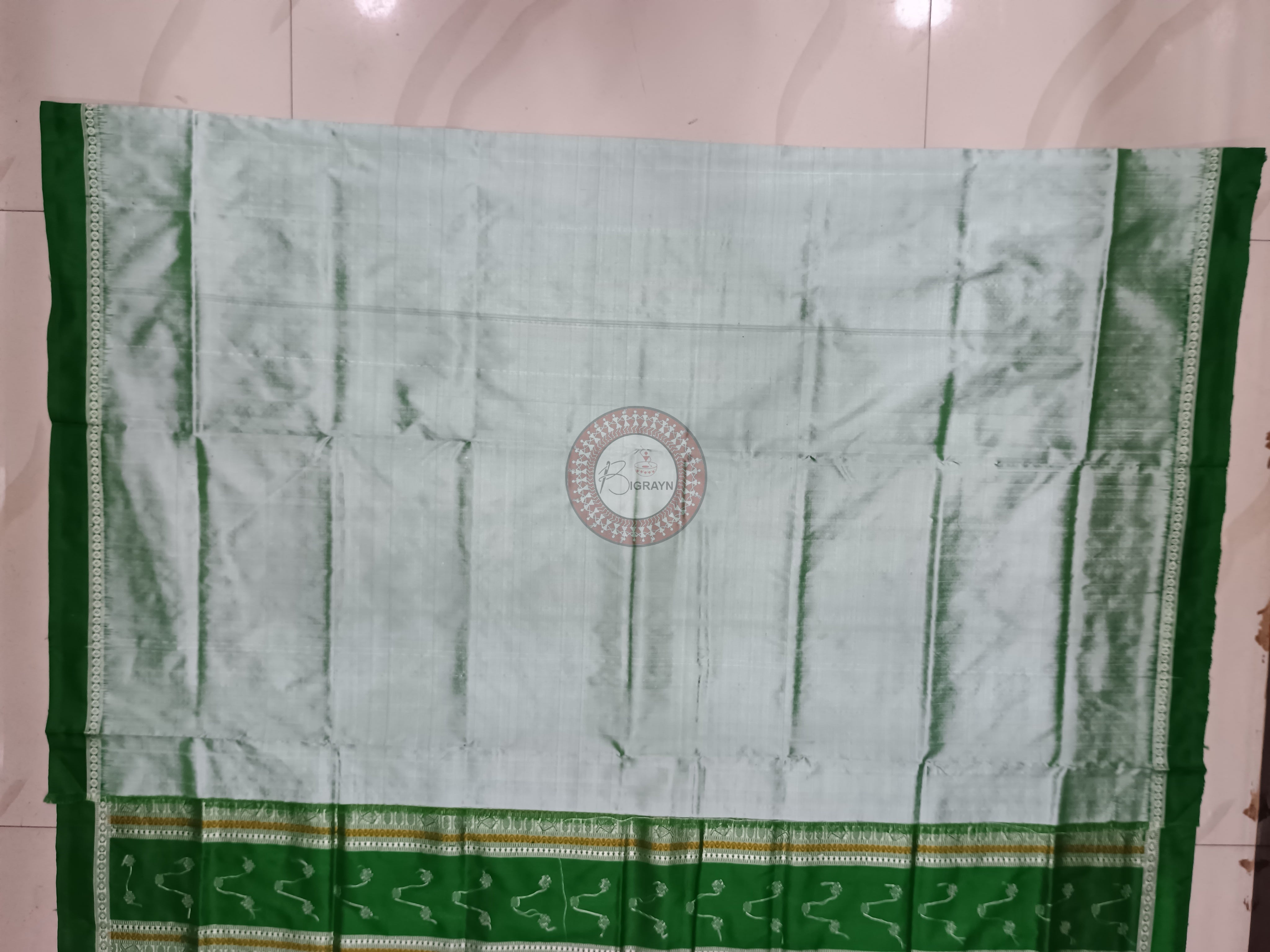 Green Silver Single Border Odisha Handloom Bomkai Silk Saree