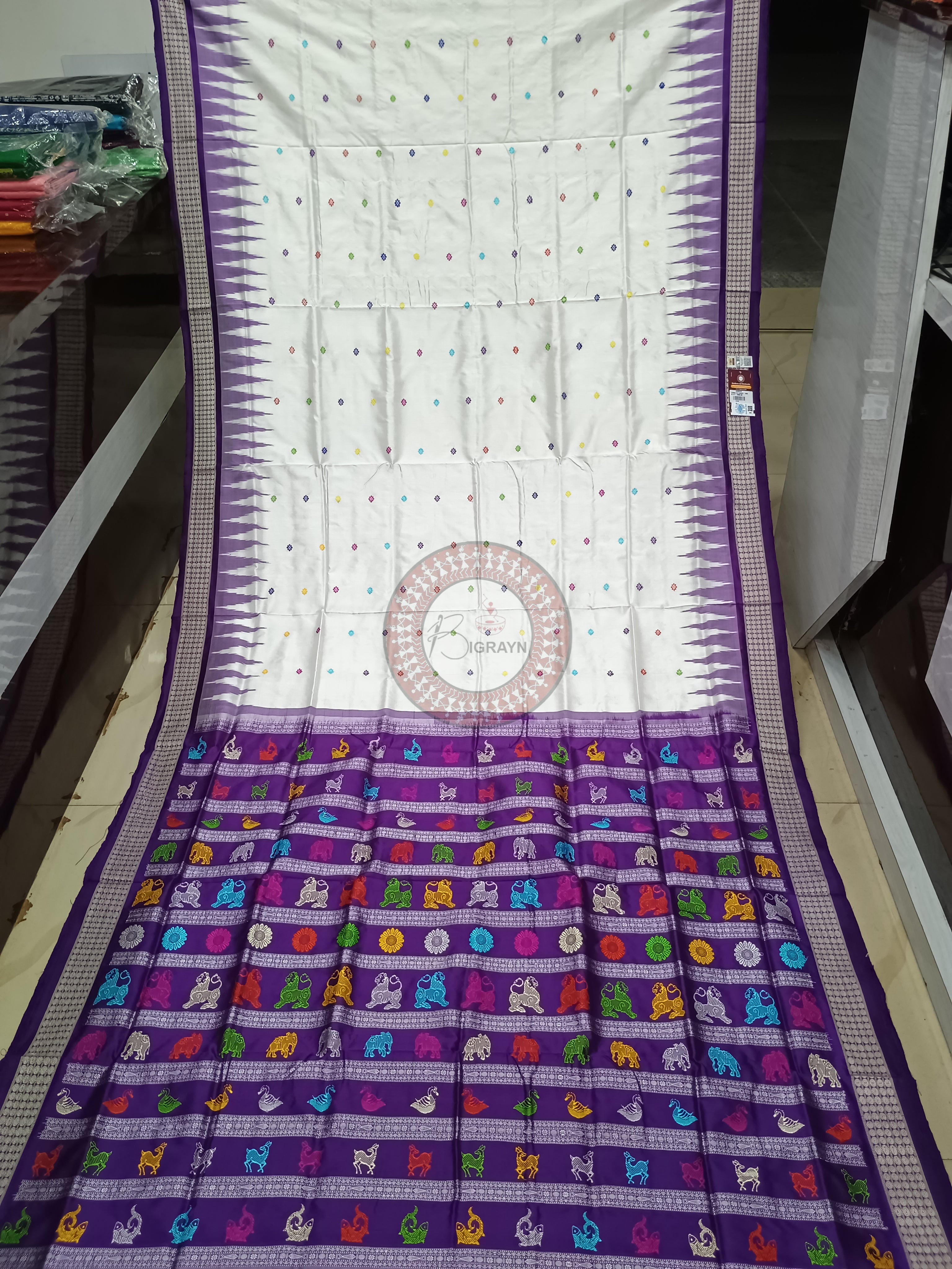 White Purple Animal Anchal Bomkai Silk Saree