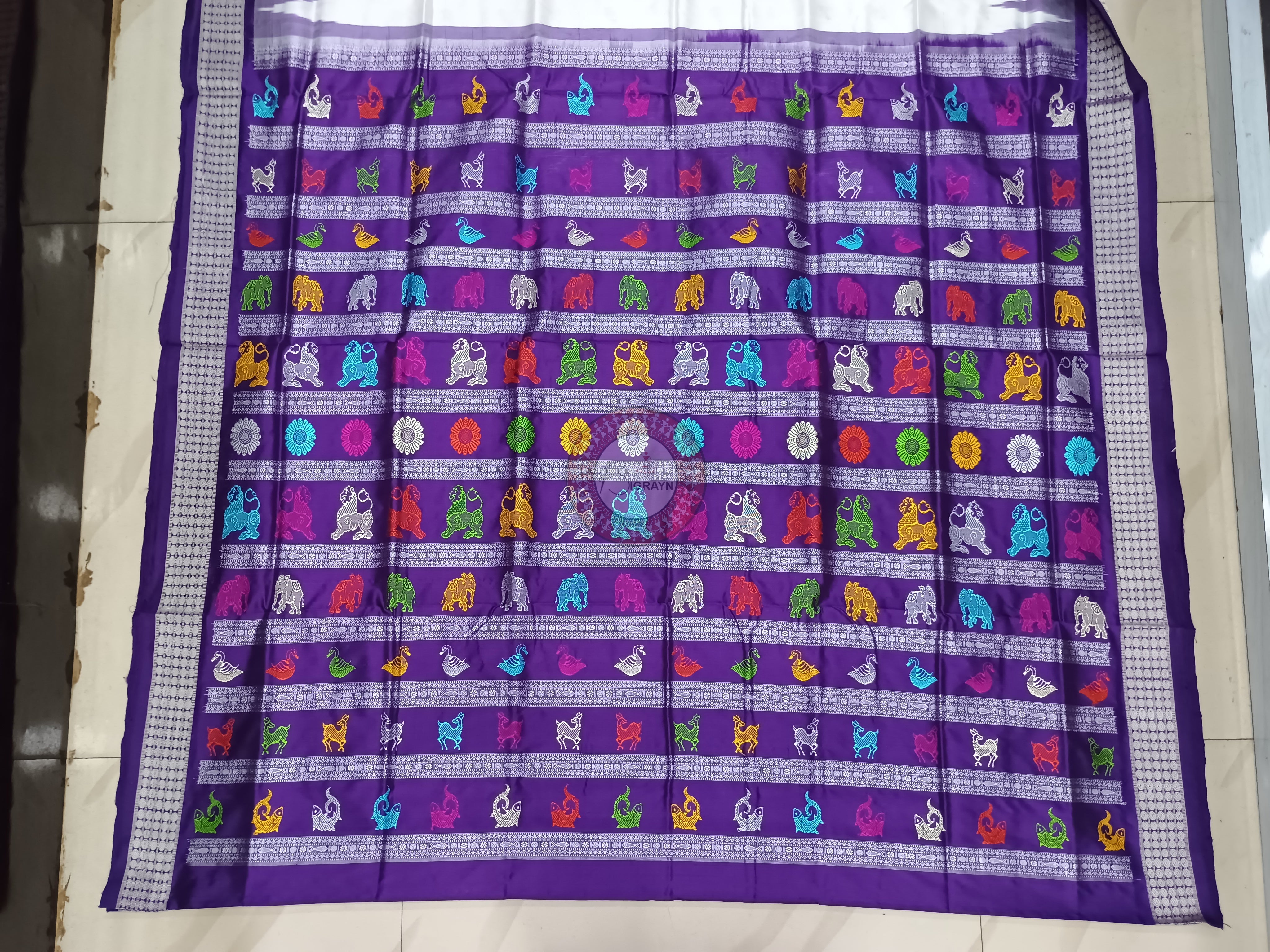 White Purple Animal Anchal Bomkai Silk Saree