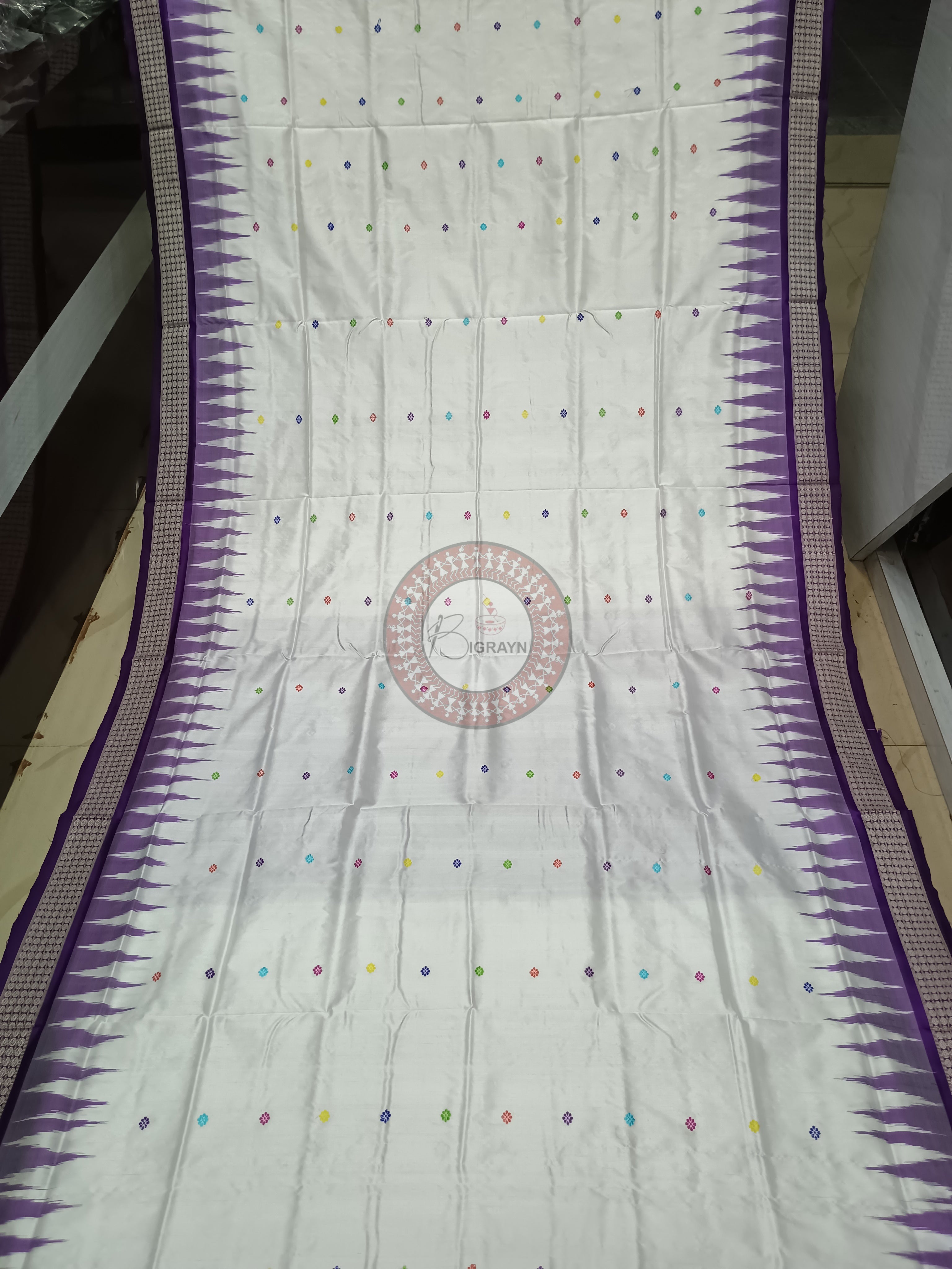 White Purple Animal Anchal Bomkai Silk Saree