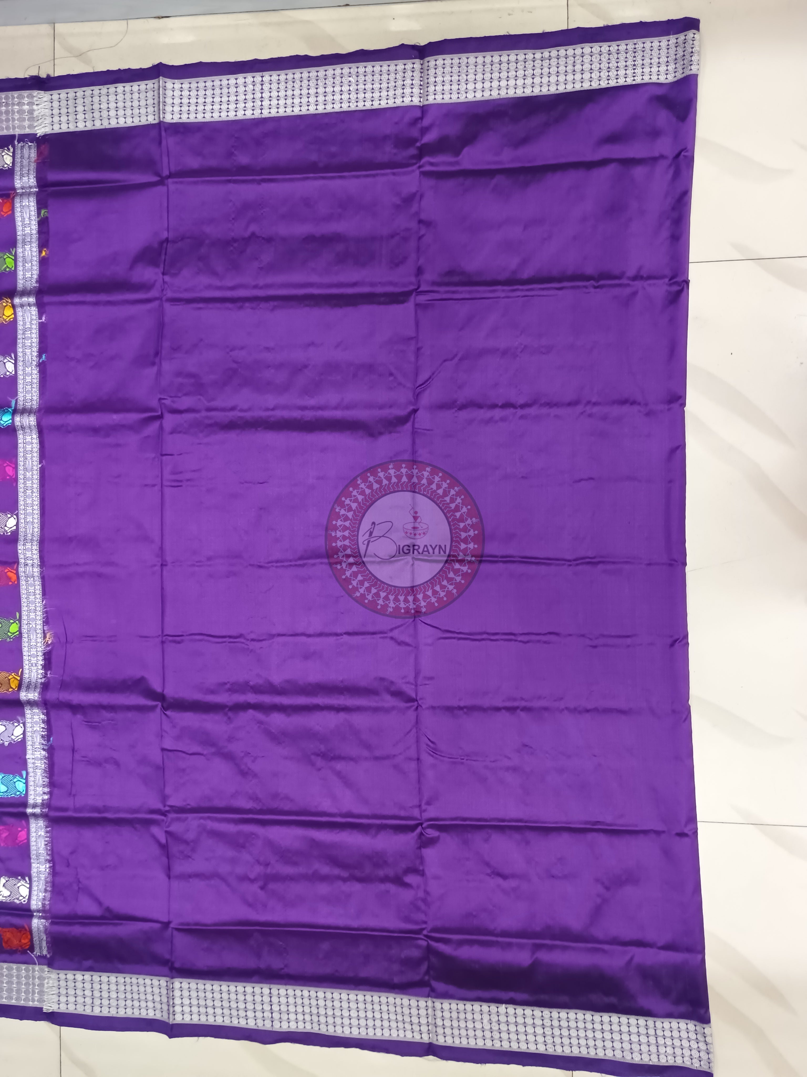 White Purple Animal Anchal Bomkai Silk Saree