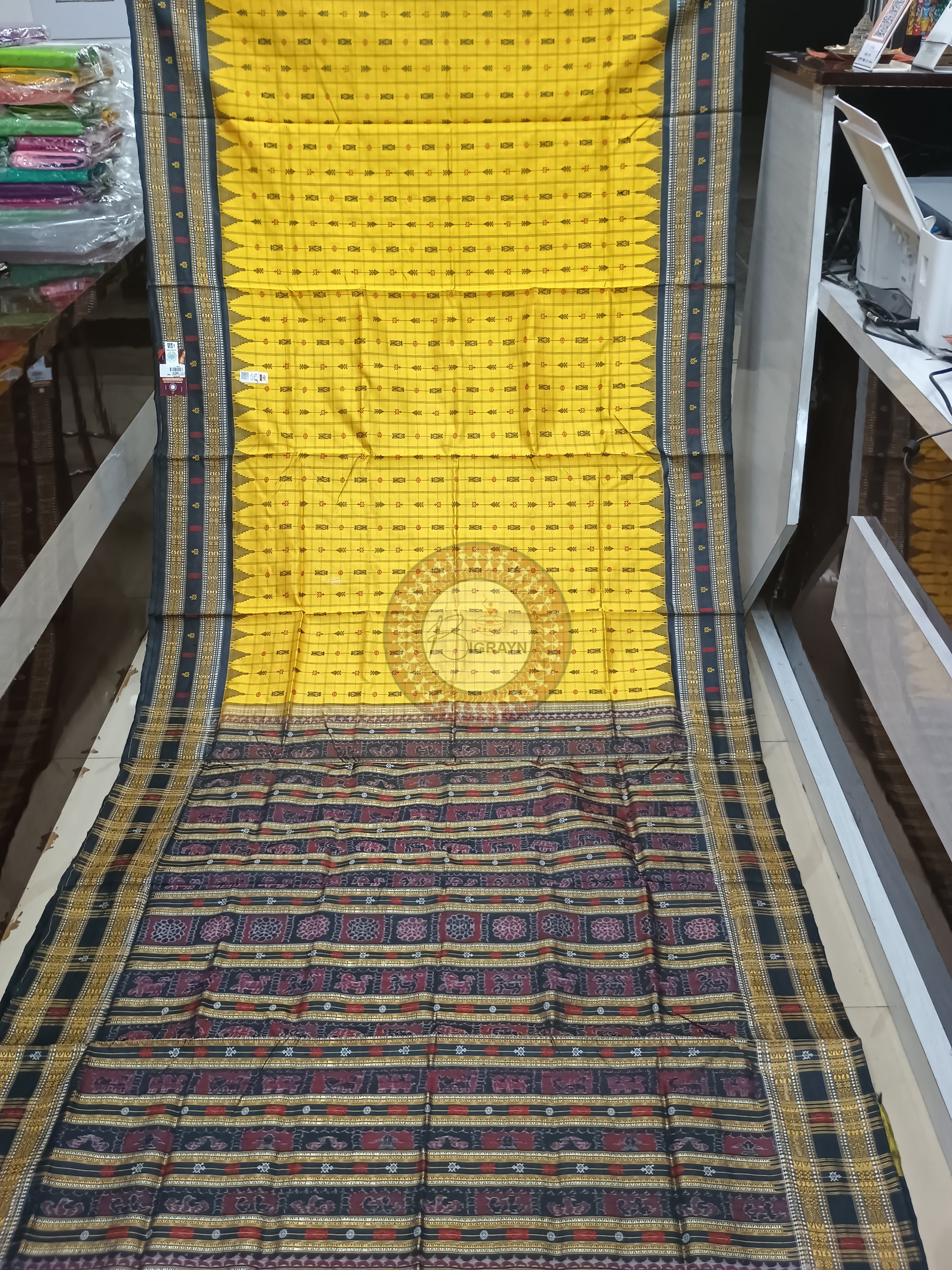 Yellow Black Hazar Buti Tussar Silk Saree