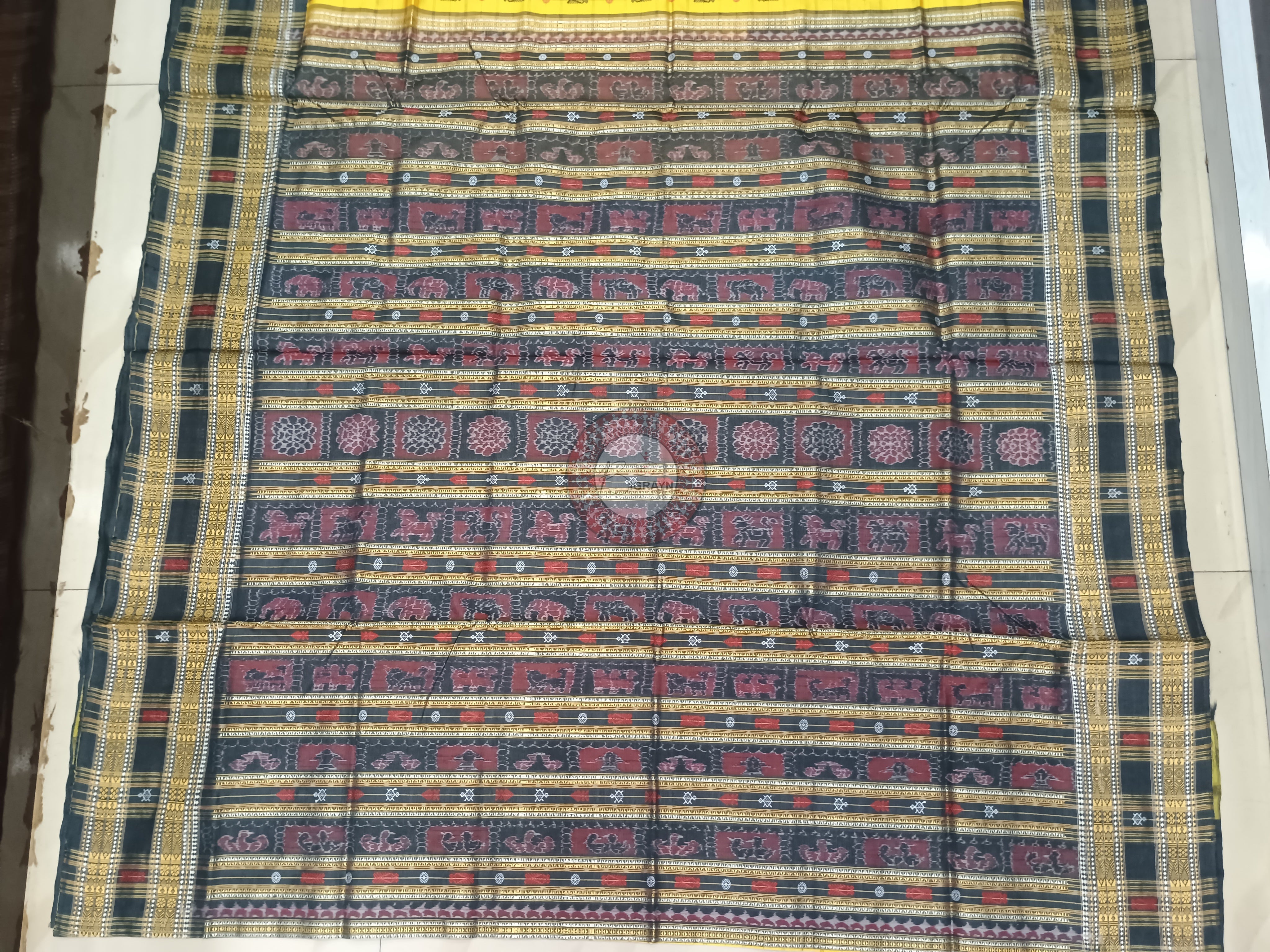Yellow Black Hazar Buti Tussar Silk Saree