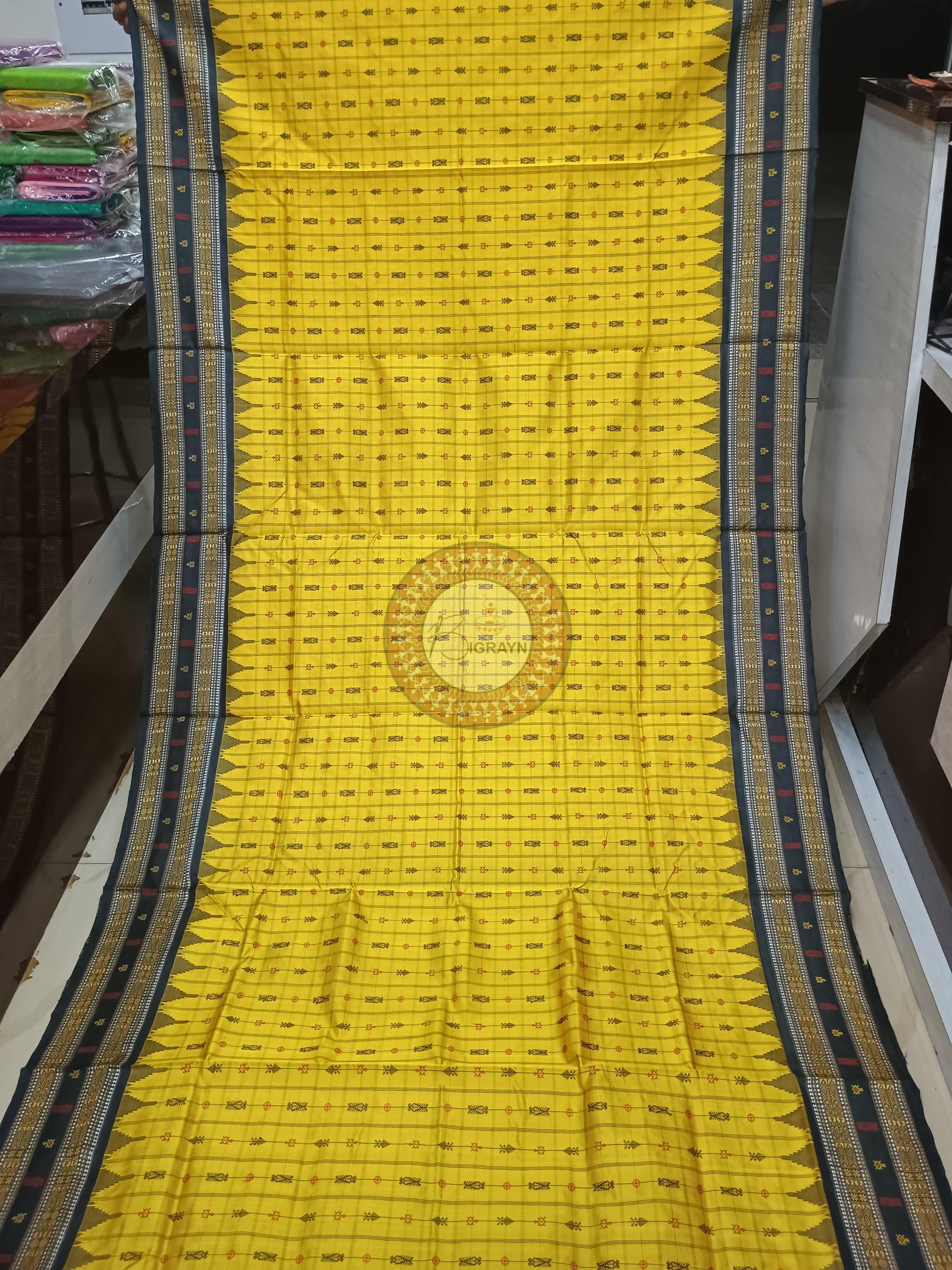 Yellow Black Hazar Buti Tussar Silk Saree