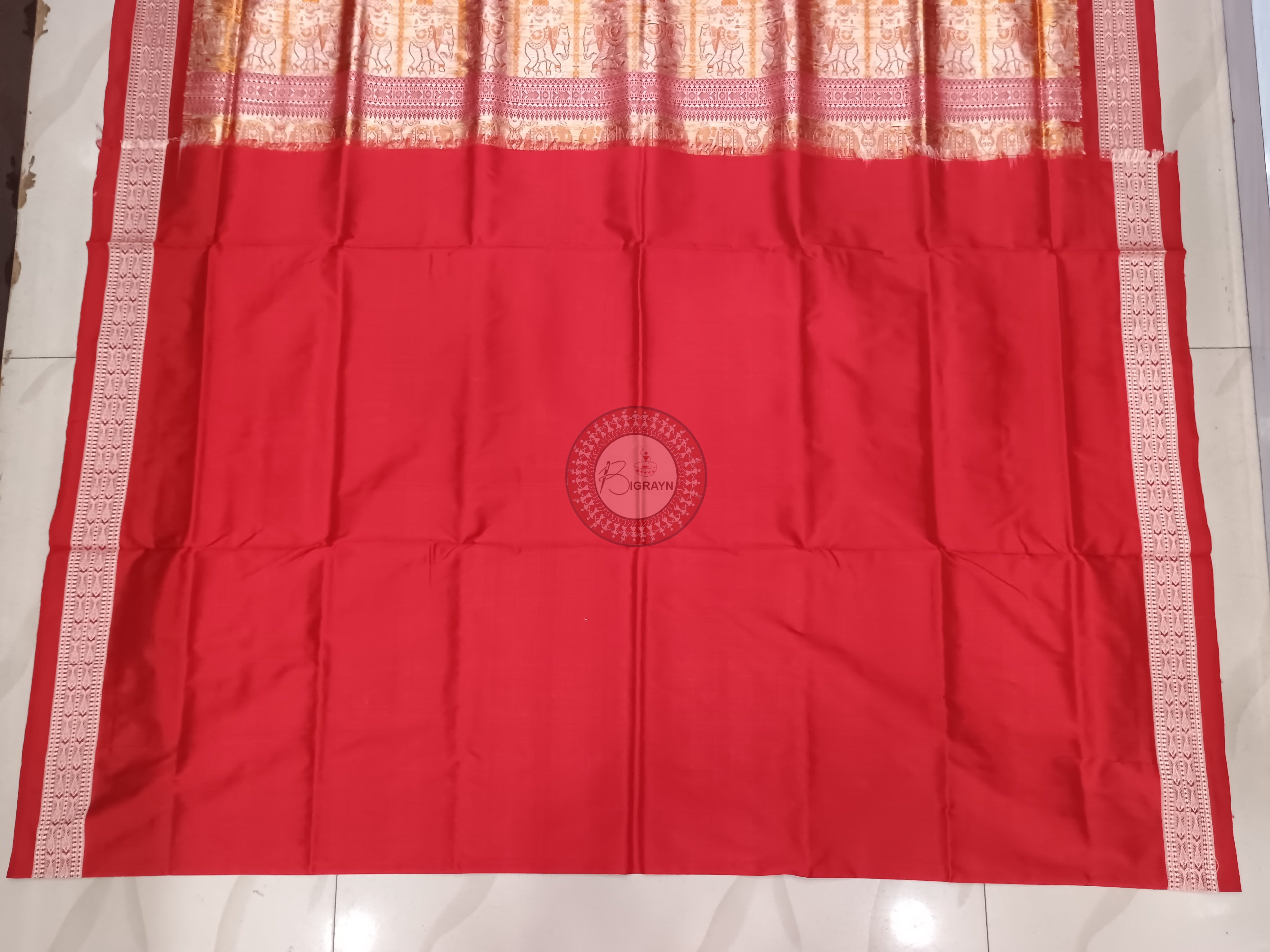 White Red Dual Elephant Odisha Handloom Bomkai Silk Saree