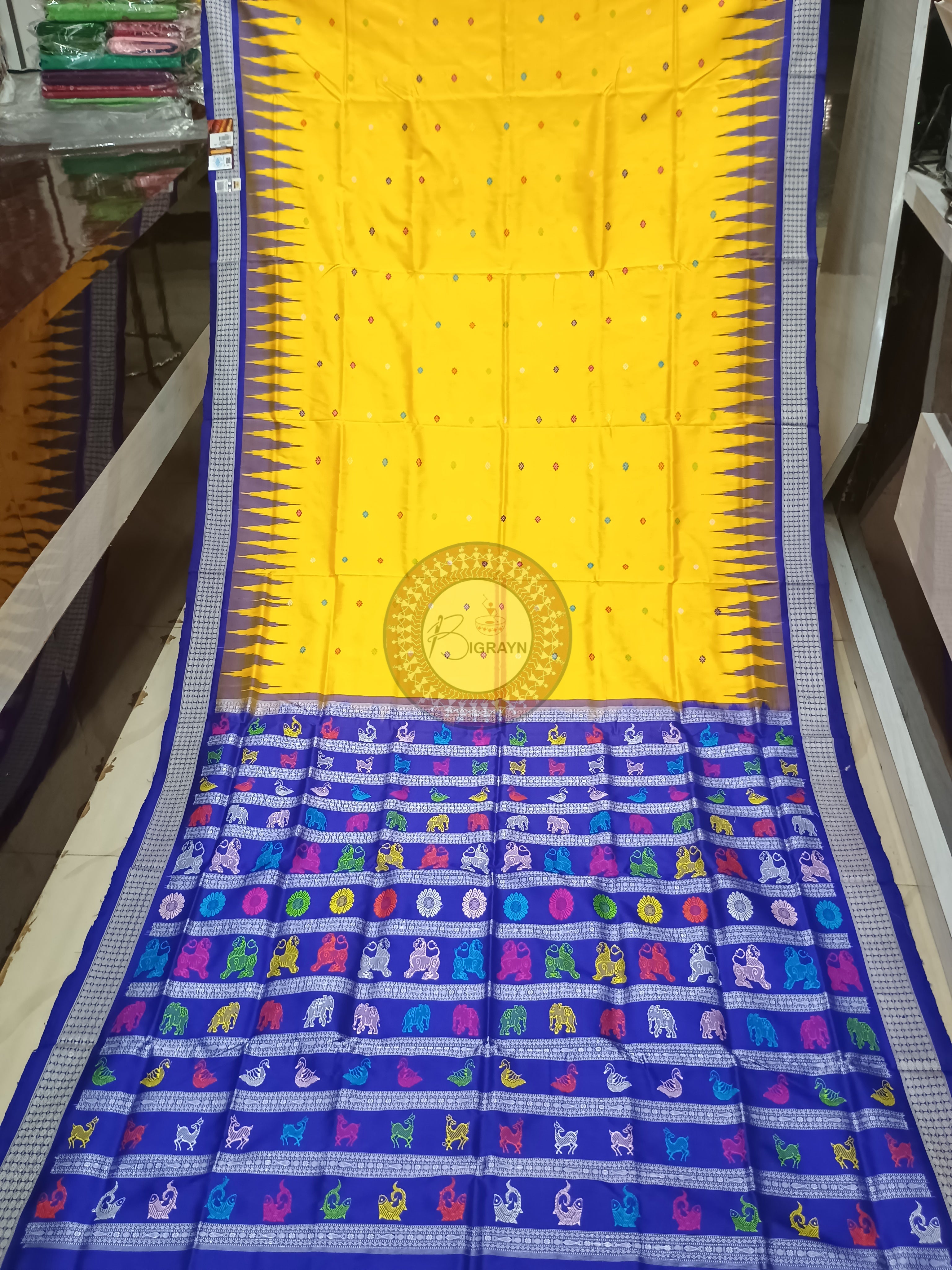 Yellow Blue Animal Anchal Bomkai Silk Saree