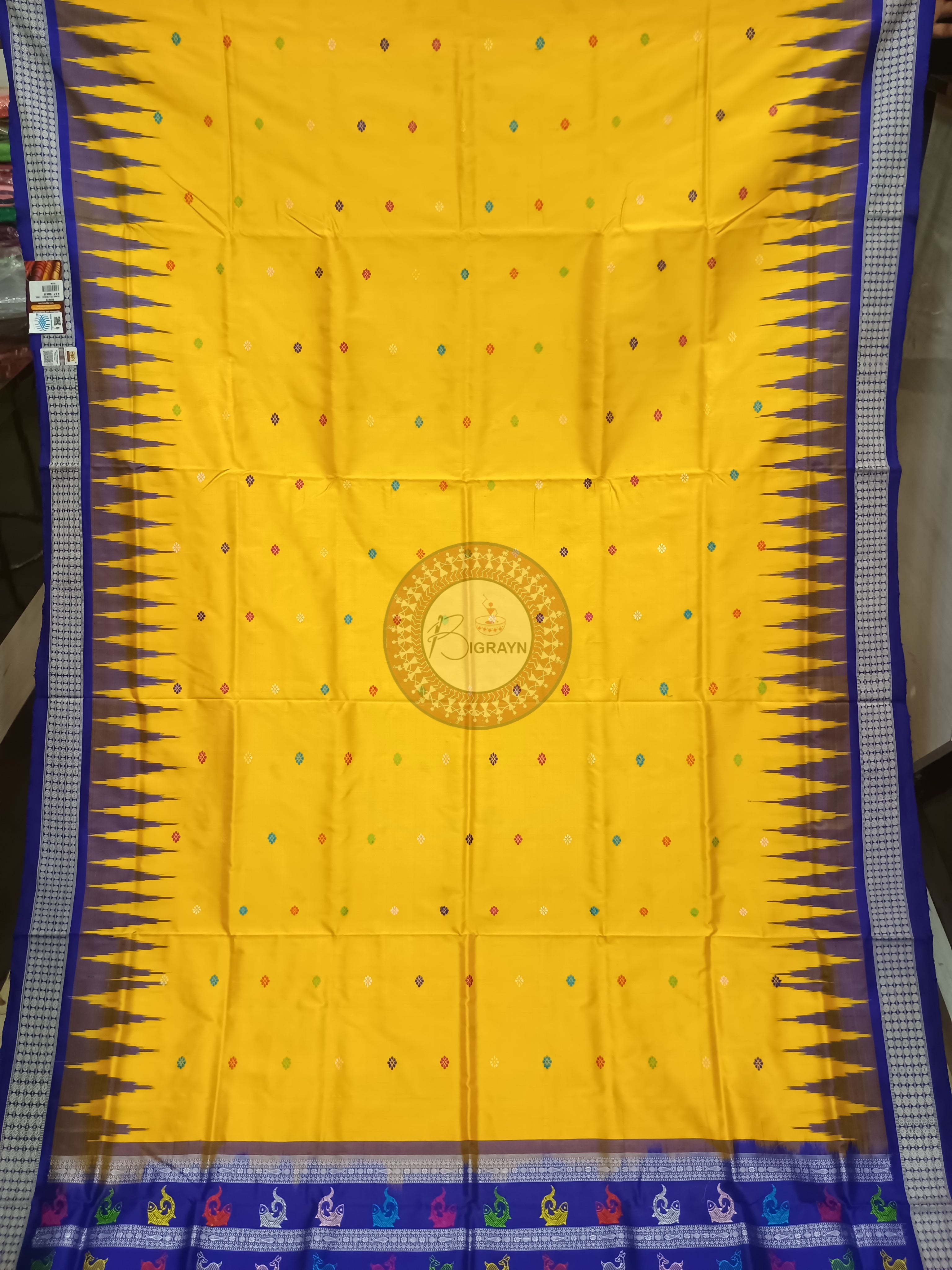 Yellow Blue Animal Anchal Bomkai Silk Saree