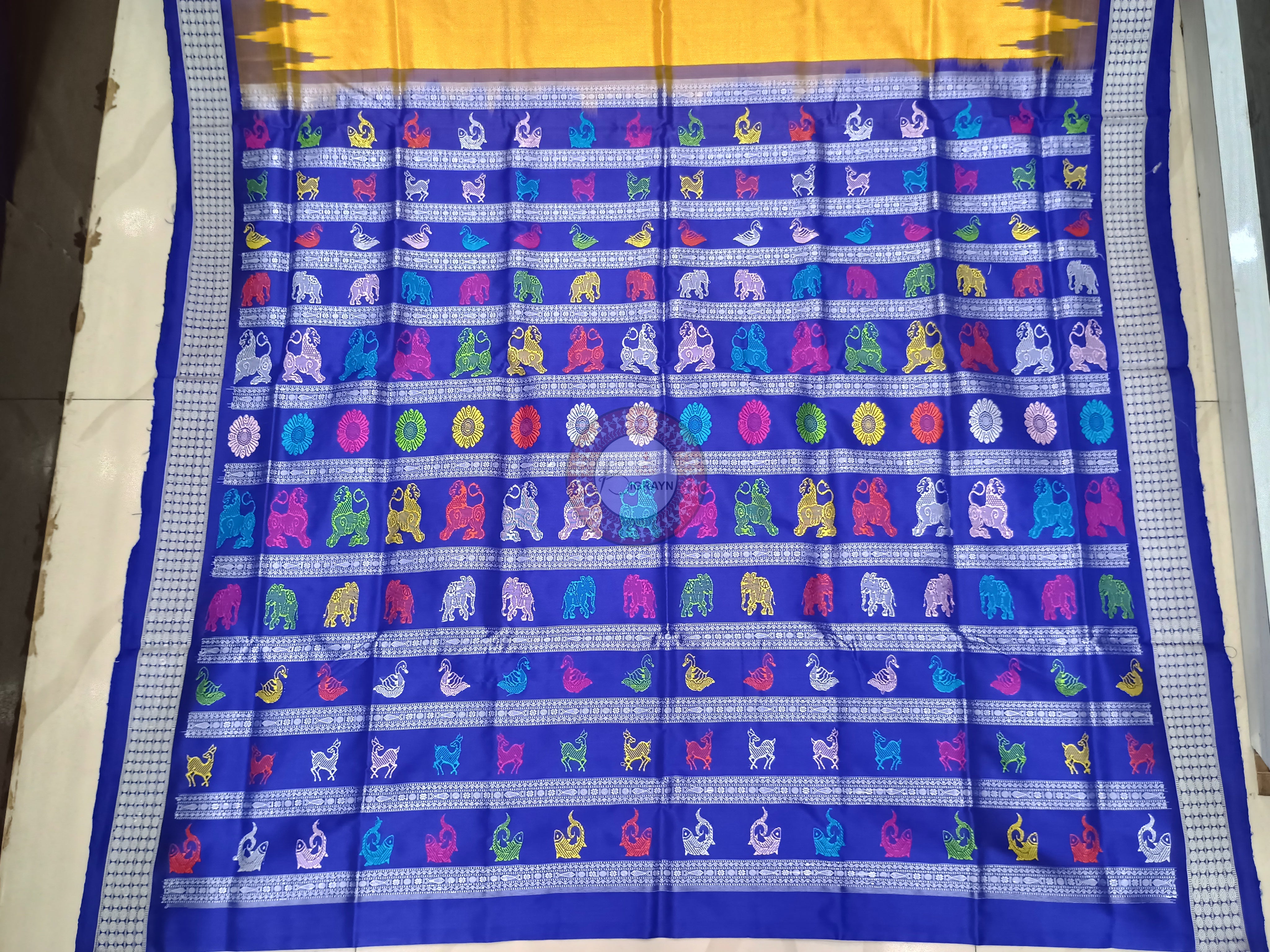 Yellow Blue Animal Anchal Bomkai Silk Saree