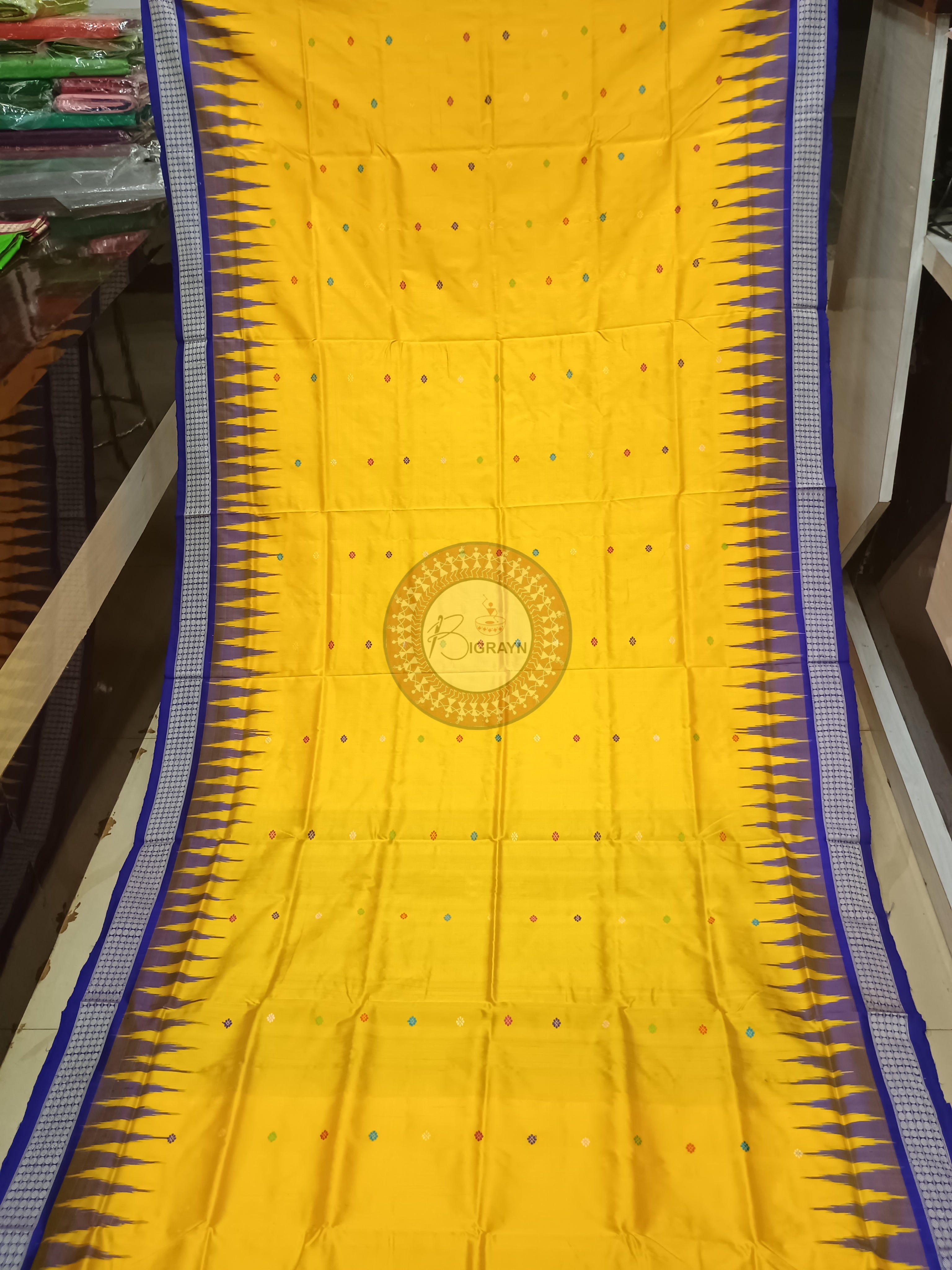 Yellow Blue Animal Anchal Bomkai Silk Saree
