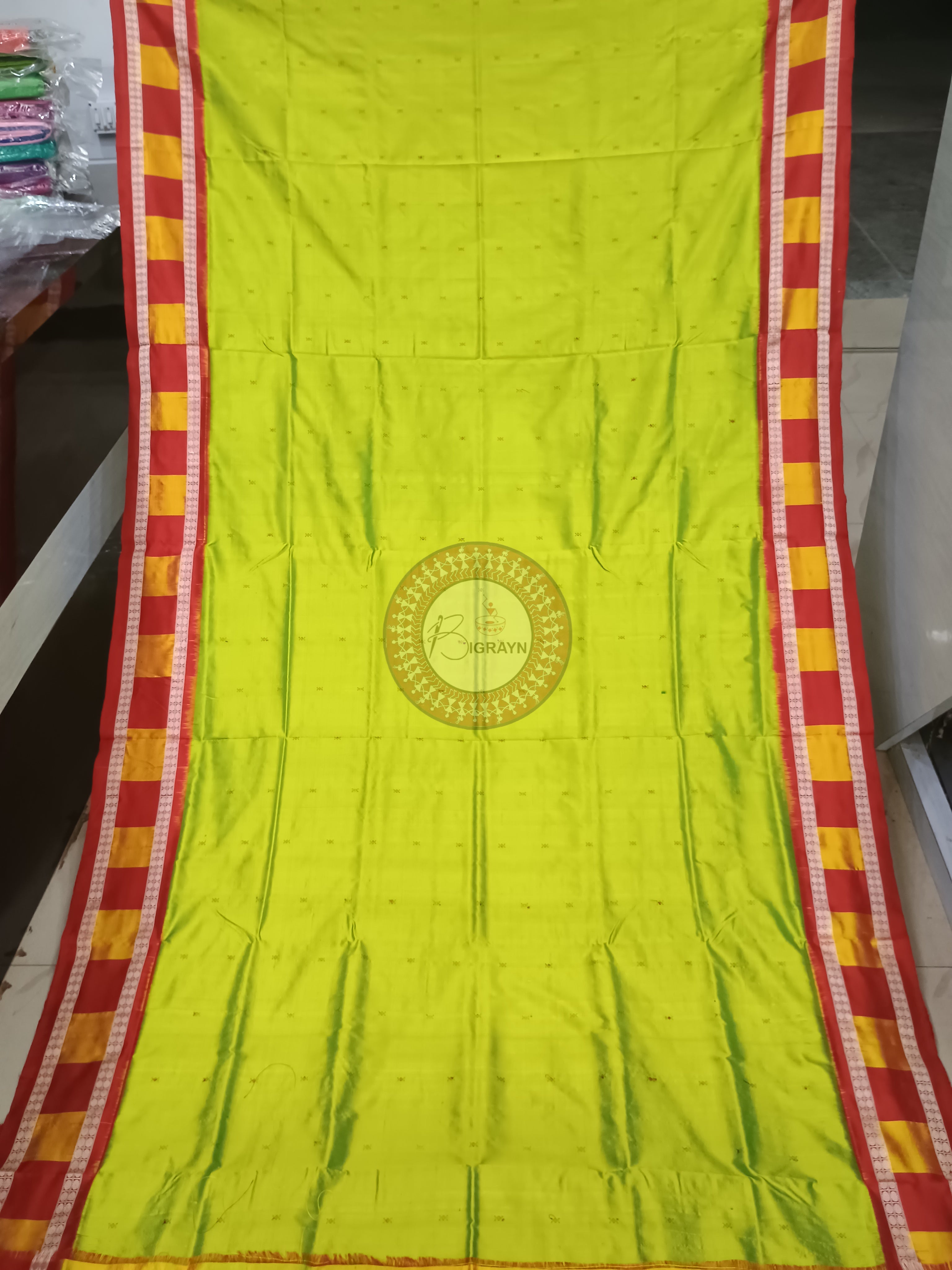 Neon Green Red Pasapali Border Bomkai Silk Saree